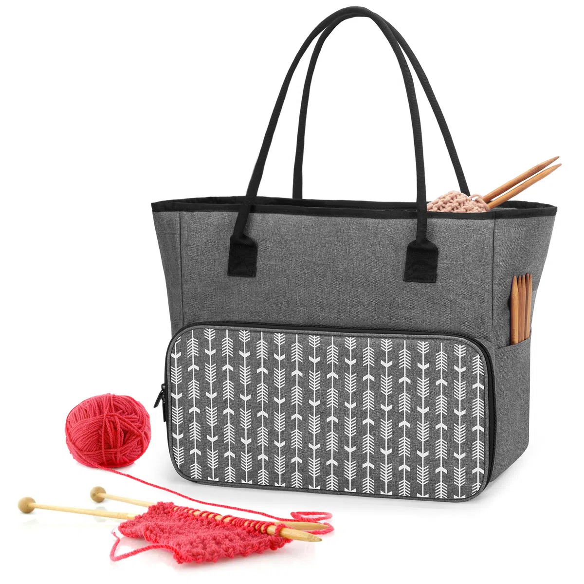 Yarwo Borsa per Lavoro a Maglia e Tote per Lana Gomitolo, Ferri da Maglia o Altri Accessori, Grigio con Motivo a Freccia (Solo Borsa)