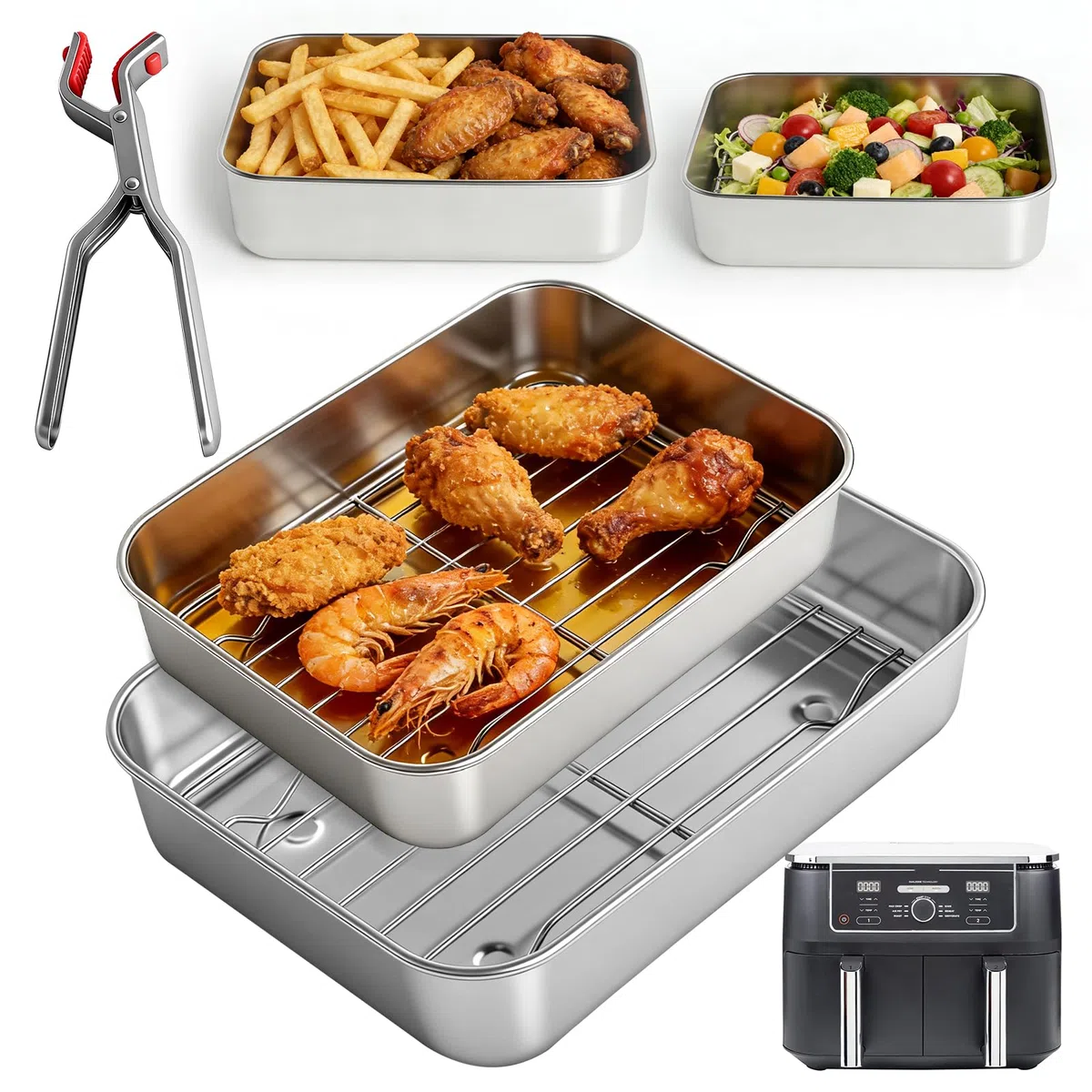 2 teglia quadrata Airfyer, in acciaio inox Brownie con griglia di scolapiatti e clip di isolamento termico, perfetto per lasagne brownie torte, non tossico, friggitrice ad aria calda per Ninja, Cosori