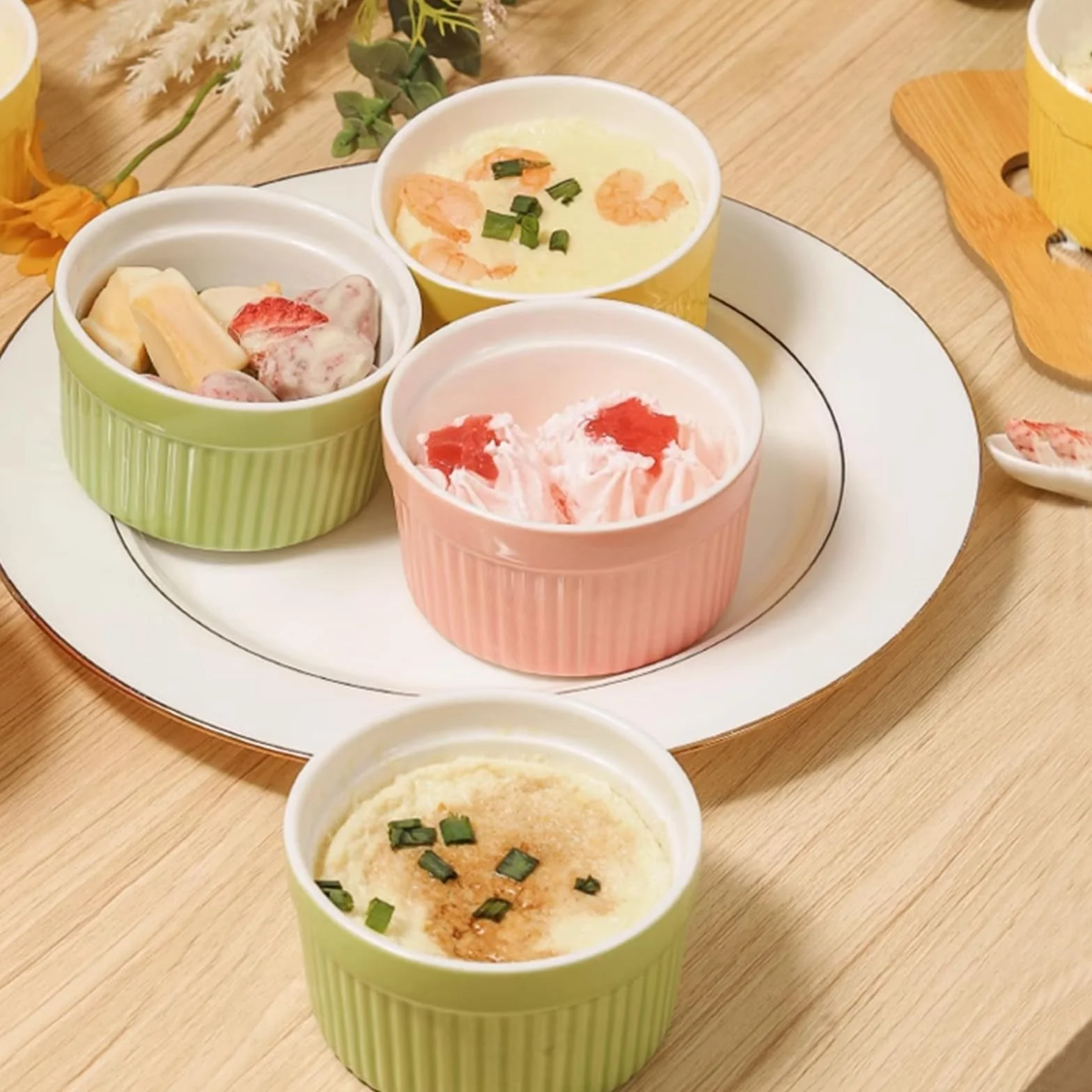 6X Stampi per Soufflé, Soufflé Forme da Forno, Ciotole di Ceramica per Creme Brulee, Stampi per Forno 200 mL Ciascuno per Crème Brulée, Muffin, Dolci e Pasticceria