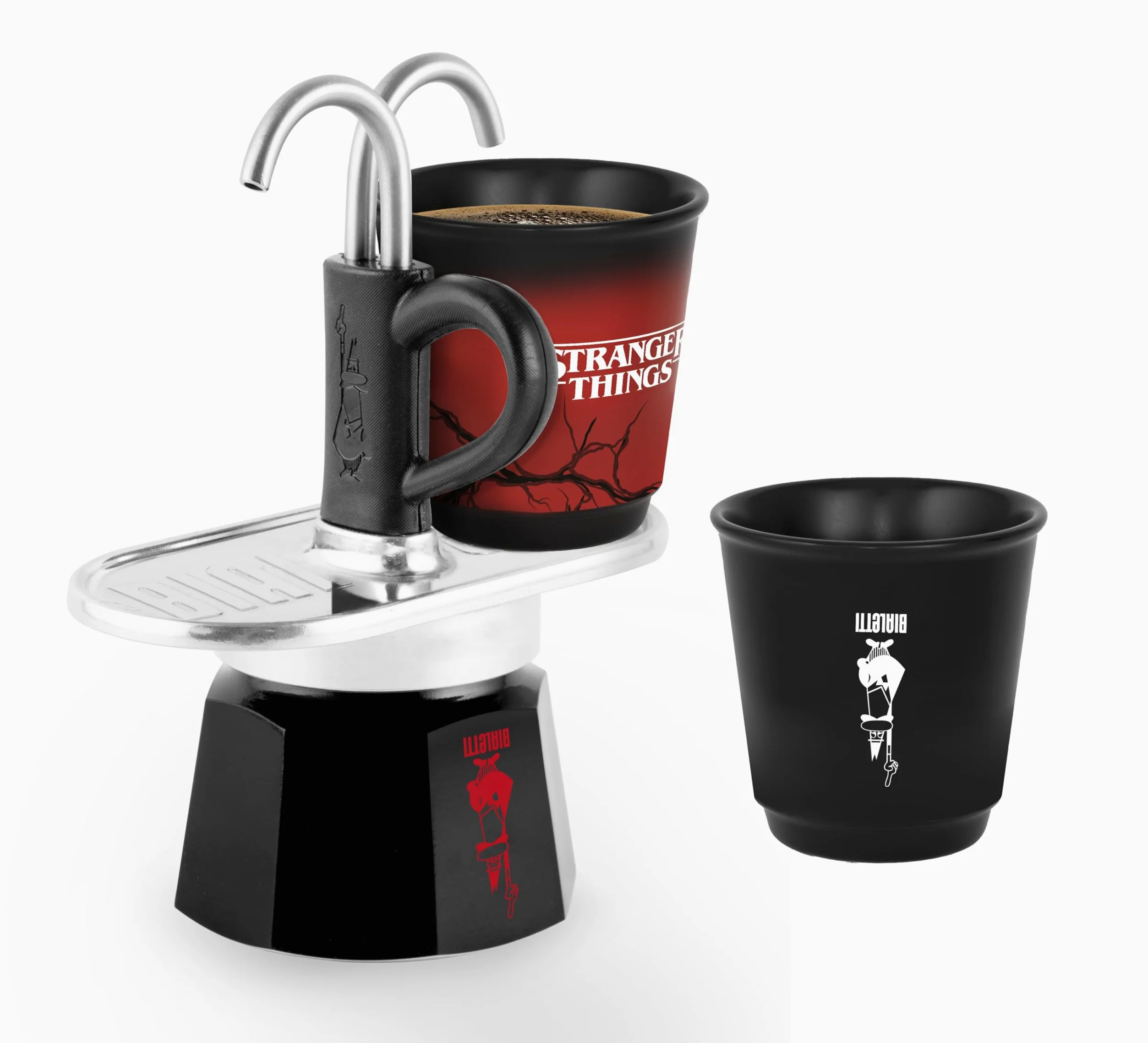 Bialetti Set Mini Express Stranger Things, 2 Bicchierini Termosensibili in ceramica inclusi, Cambia colore, Non adatta all'induzione, Nero, 2 Tazze