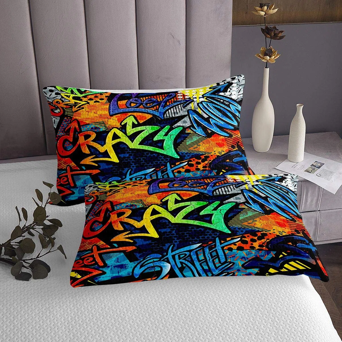 Hippie Set copriletto con graffiti per adolescenti hip hop trapuntato motivo graffiti set copriletto a tema cultura stradale collezione camera da letto 2 pezzi taglia singola170X230cm