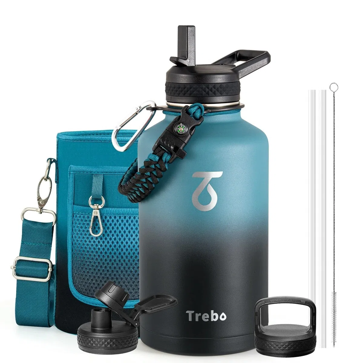 Trebo Borraccia Termica, Borraccia con Cannuccia Borraccia acciaio inox fredda per 48 ore Borraccia Termica Bottiglia in Metallo con Manico in Paracord, 1893 ml, Indigo/Nero
