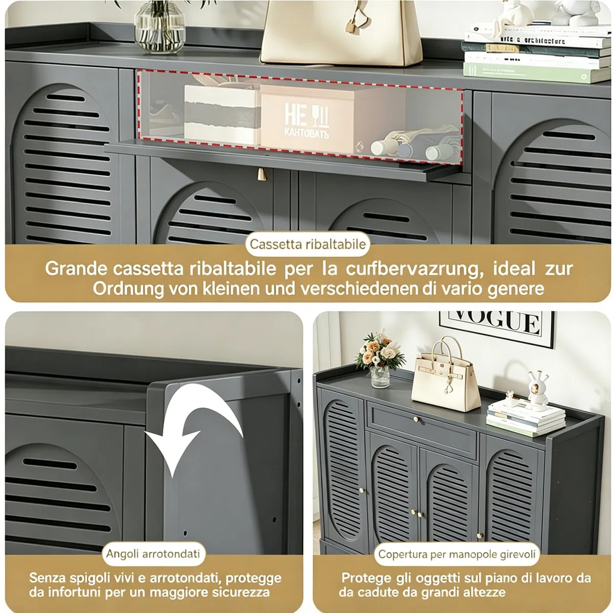 Scarpiera in Bambù a 7 Livelli – Grande Scarpiera da Ingresso con Ante a Tapparella, Modello Indipendente con Ripiani Regolabili, Ideale per Corridoio e Soggiorno (Grigio)