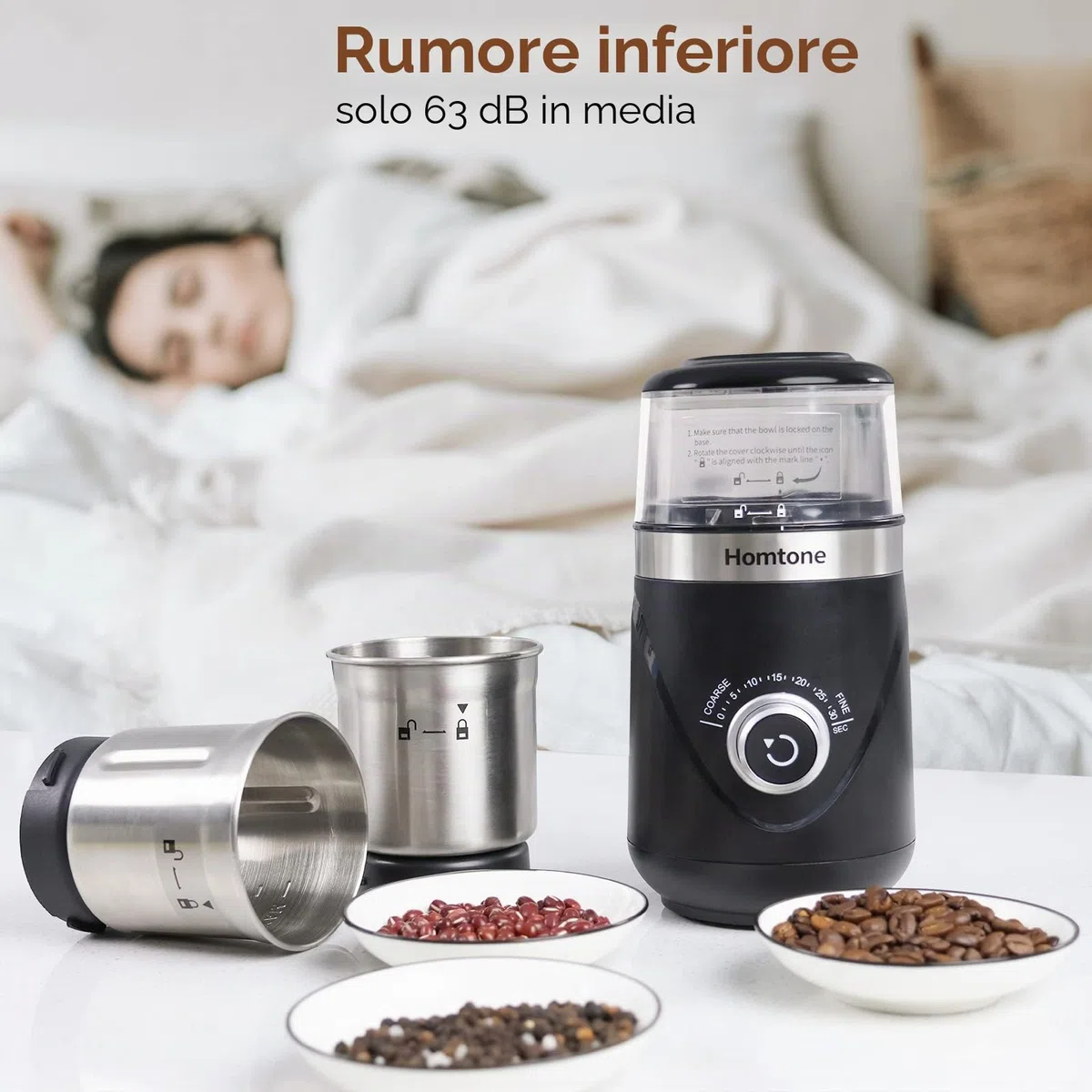 Homtone Macinacaffè Elettrico con Timer, Macinacaffè a Grana Regolabile con Due Contenitori Rimovibili in Acciaio Inox da 70g, Macinacaffè Silenzioso 63 dB, Ideale anche per Spezie