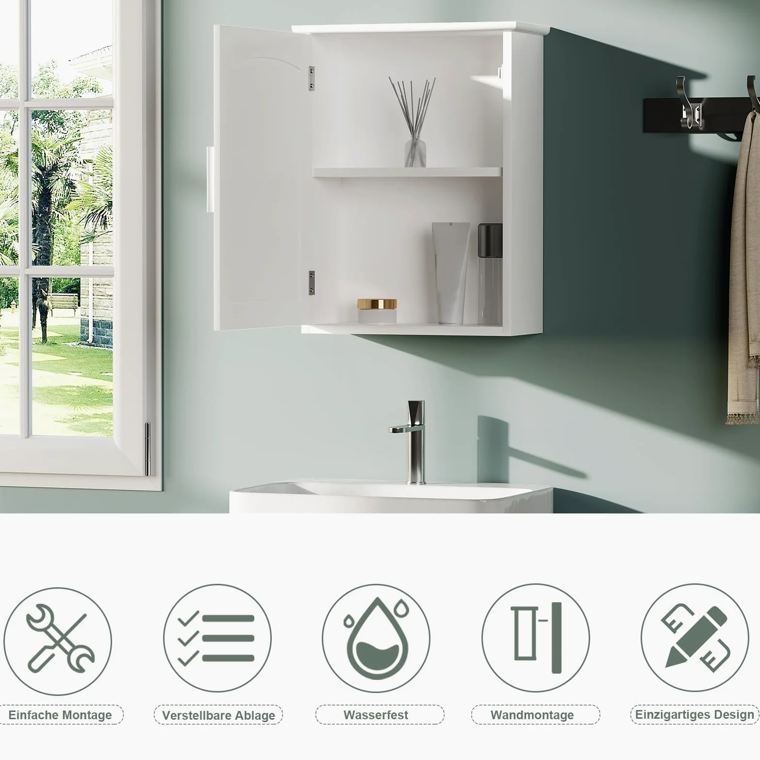 EUGAD Pensile bagno sospeso, armadietto a muro con ripiano regolabile, MDF E1, bianco, 40x51x17cm, spazio ridotto, impermeabile, facile da montare, per bagno, cucina, ripostiglio