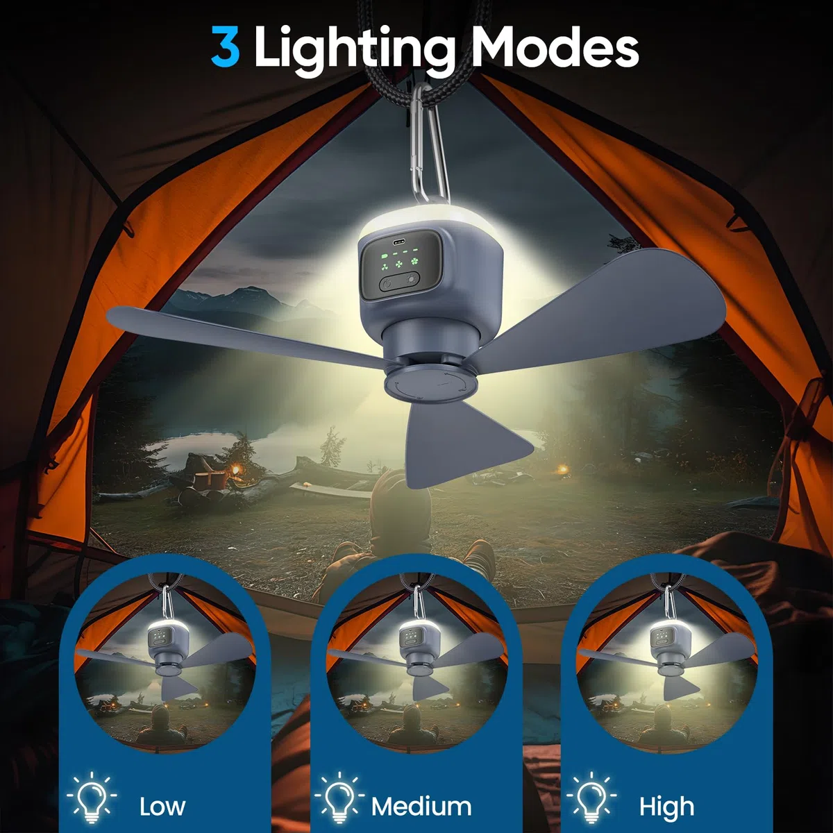 Ventilatore da campeggio portatile da 12000 mAh, con illuminazione, campeggio, USB, 4 velocità e timer da 2 a 8 ore, per tenda, gazebo, camper, camera da letto