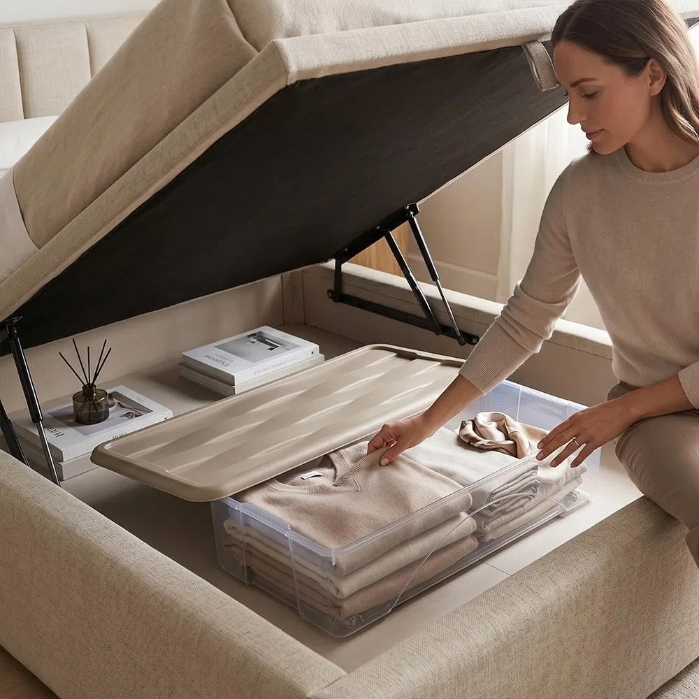 Set di 2 Scatole Sotto letto con Ruote Coperchio grigio 40 lt box basso h17,5 cm per letti Contenitori Salvaspazio in Plastica Trasparente cm 79x39 Ideale per Vestiti e Cambio Stagione Organizzazione