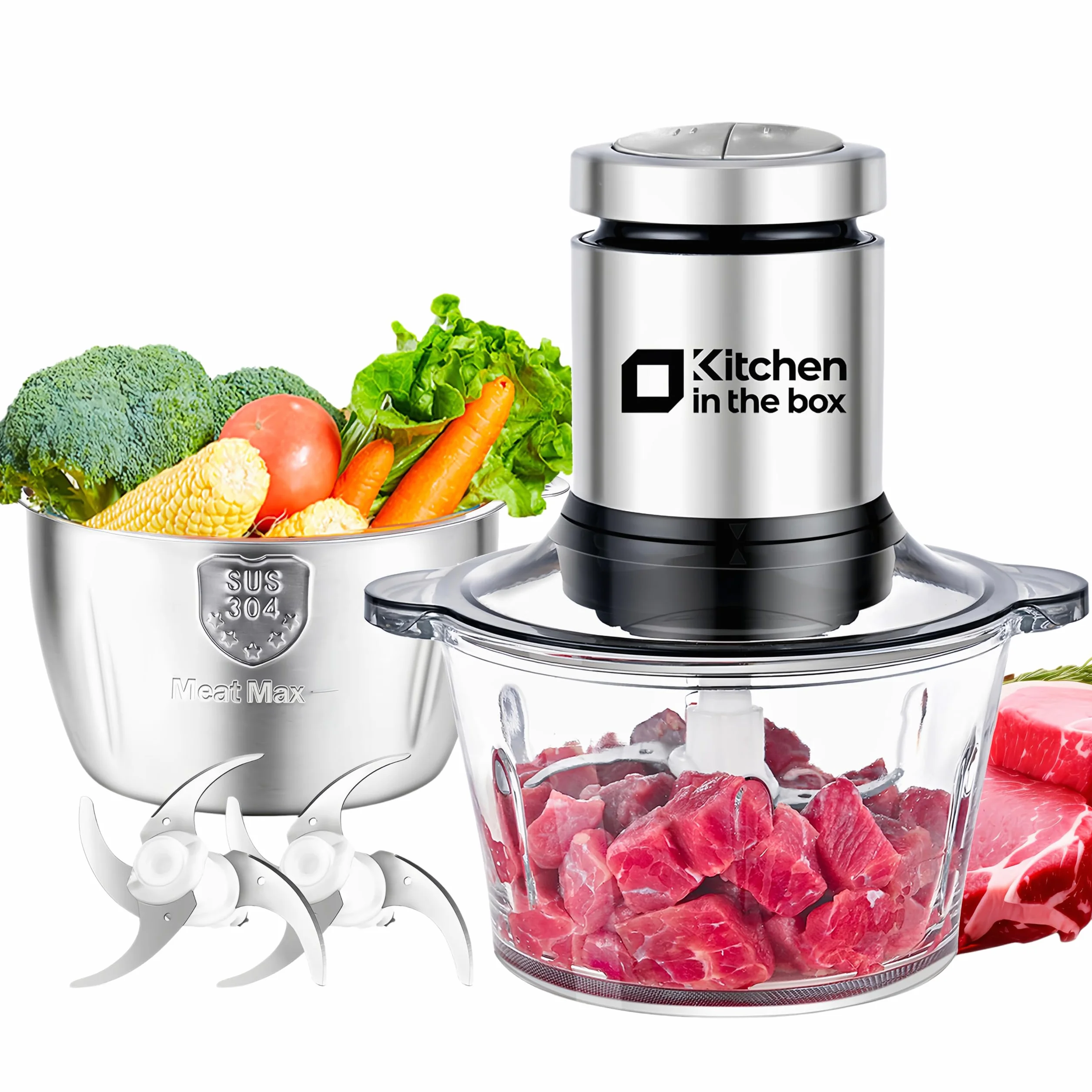 Kitchen in the box Tritatutto 2L con 2 Ciotole,Tritatutto da Cucina con 2 Set di 4 Lame in Acciaio inox,Tritatutto Elettrico a 2 Velocità per Verdure,Carne,Frutta Secca,400W