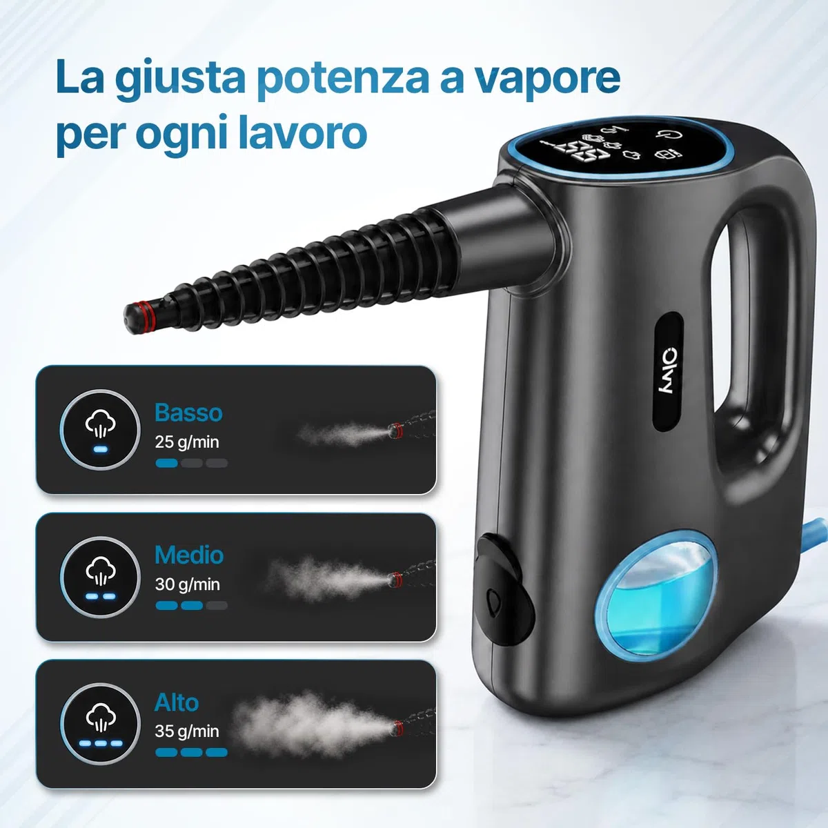 Olvy Pulitore a vapore manuale 1200 W Pentola portatile ad alta pressione con 3 livelli di vapore e set di accessori da 10 pezzi, serbatoio da 380 ml, per piastrelle di casa, mobili cucina e bagno