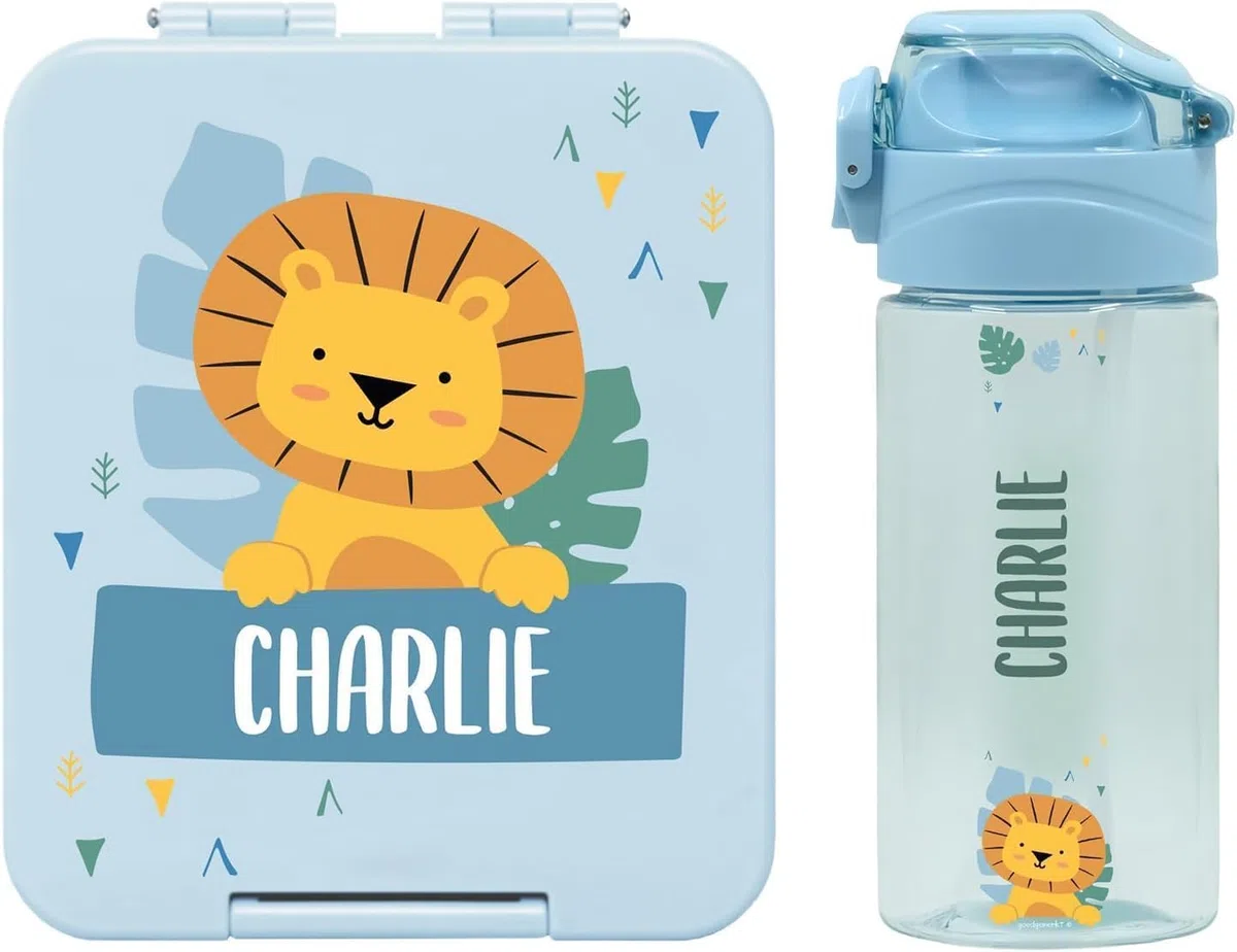 Stellasticker - Set con borraccia personalizzabile per bambini e porta pranzo/merenda personalizzato per bambini in plastica - Borraccia con cannuccia capacità 450 ml - Senza BPA (Azzurro)