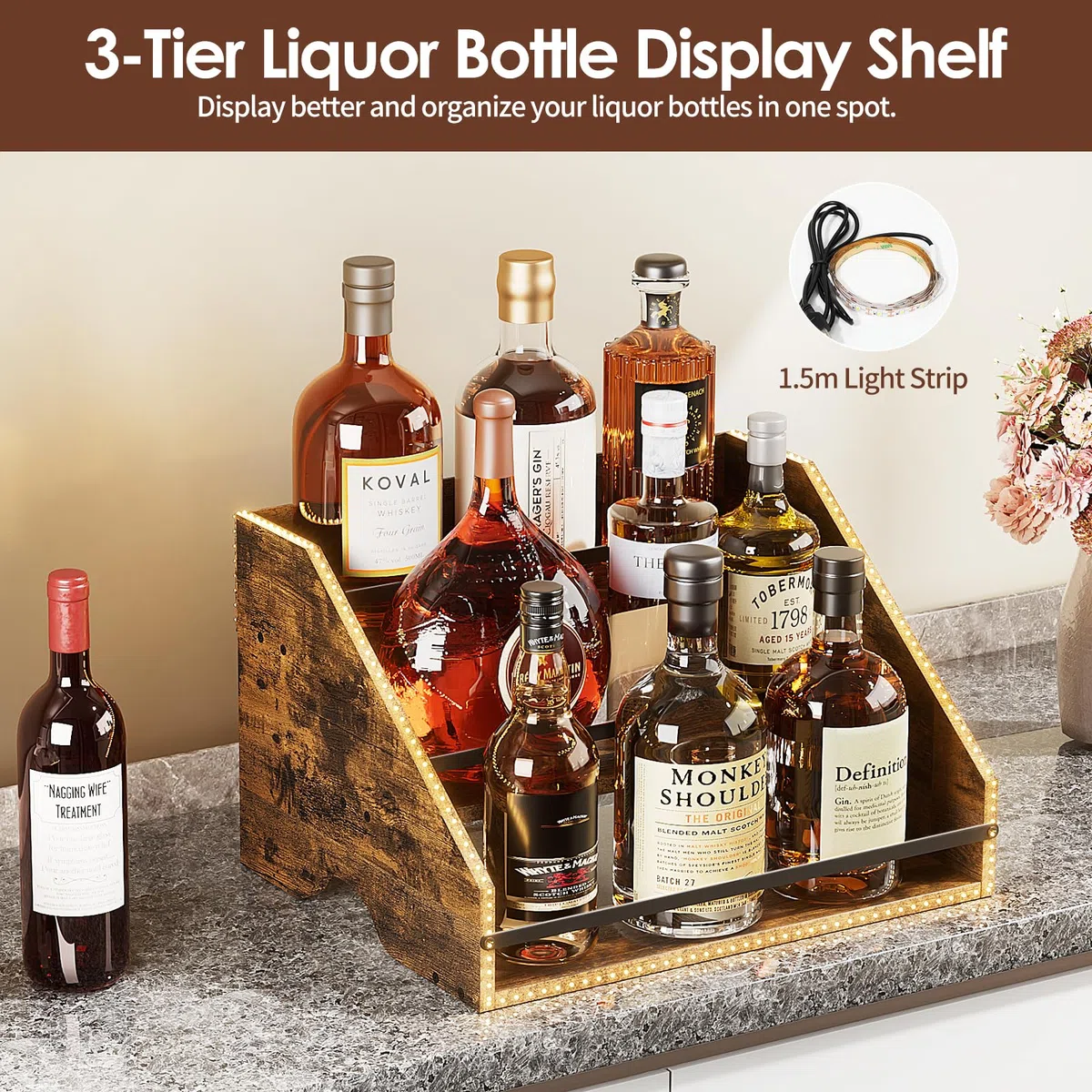 Nuovoware Scaffale Espositivo per Bottiglie Liquore Illuminato LED, Scaffale Legno 3 Gradini con Recinzioni Maniglie Portatili, 12 Bottiglie Whisky Espositore Vini Retrò Bar Domestico Feste, Marrone