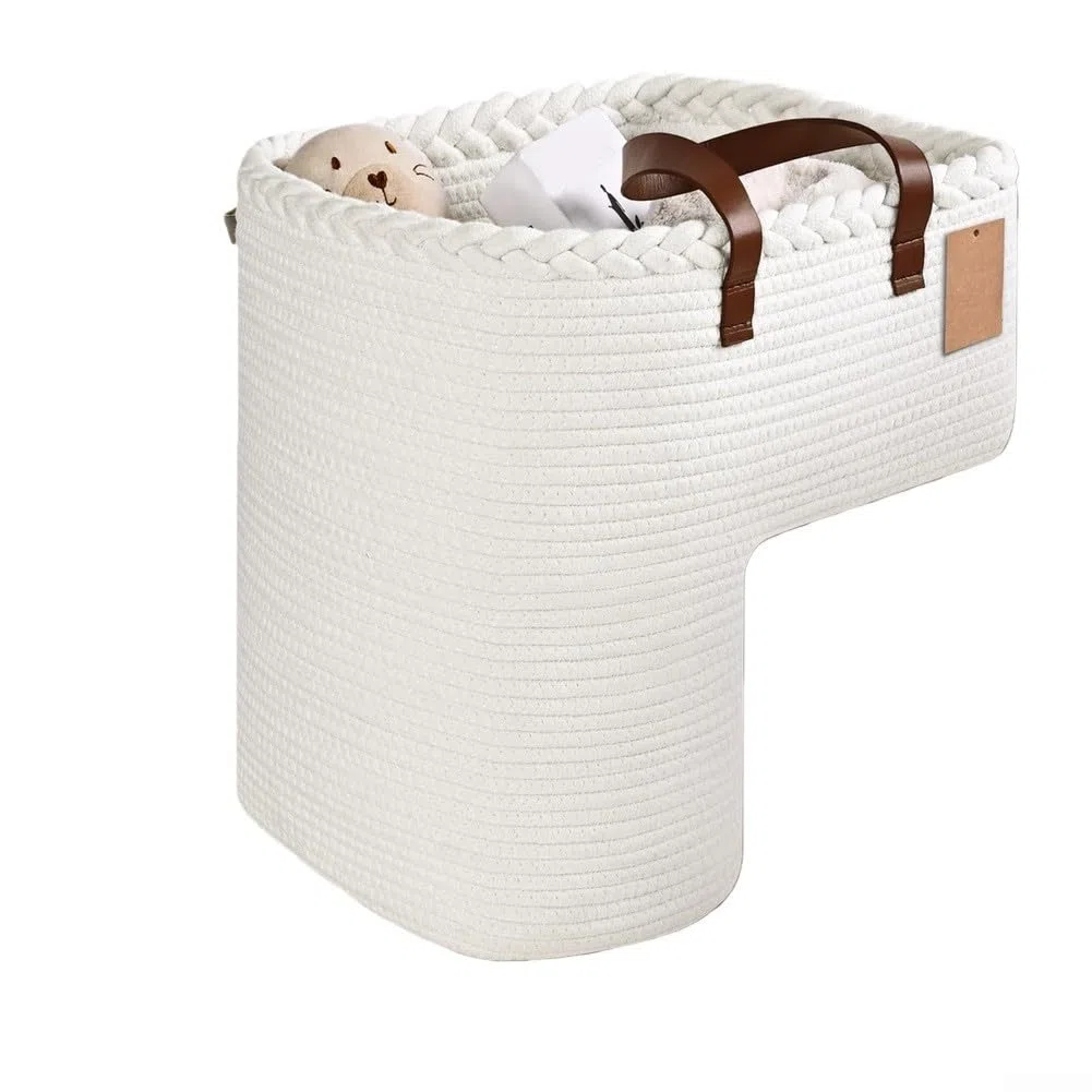 Cestino per scale in tessuto di lino con manici, organizer per giocattoli, libri, telefoni su gradini in moquette, soluzione elegante per la casa in colore neutro (A)