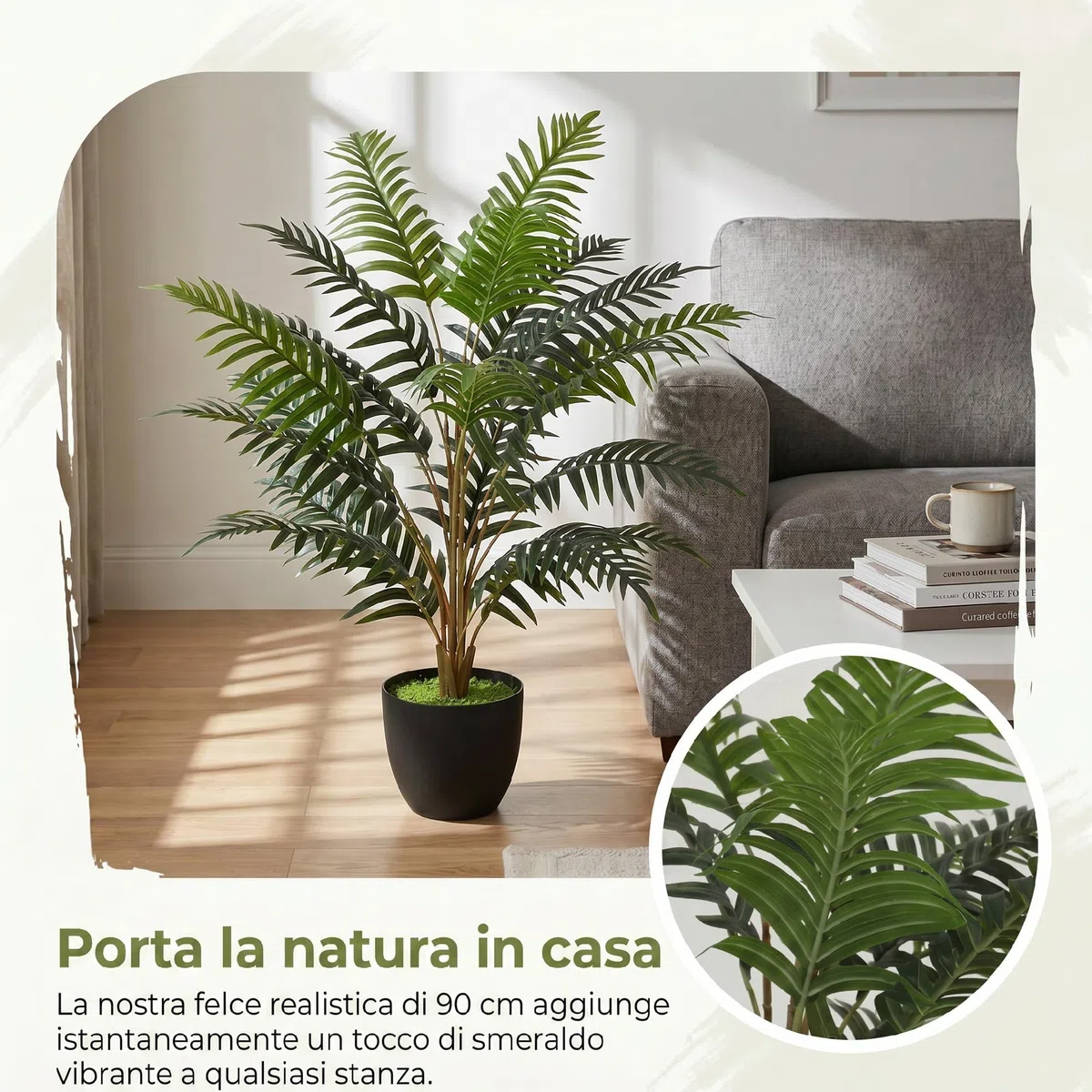 HOMCOM Pianta Artificiale di Felce con 20 Foglie in PEVA, Pianta Finta con Rami Piegabili, Vaso Nero in PP Riempito in Cemento, Decorazione per Soggiorno, Ingresso, Patio, 120x90x90 cm, Verde