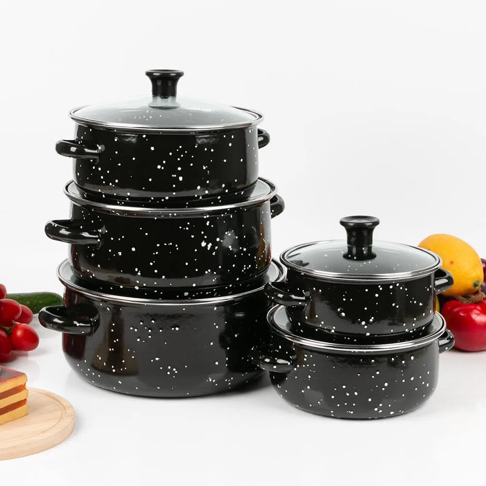 Herzberg HG04128 - Set di 10 pentole e padelle con coperchi in vetro, smalto nero, manici confortevoli, dimensioni versatili (16-24 cm), durata superiore, facile da pulire