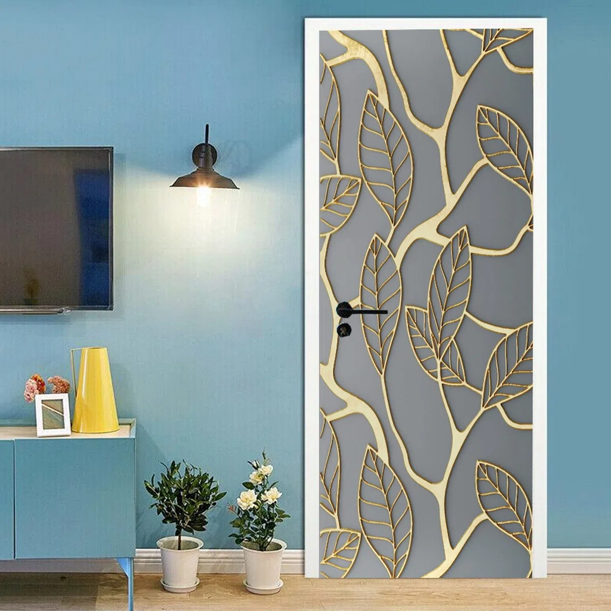 A.Monamour Adesivo Porta Autoadesiva Rami D'Albero D'Oro Con Foglie Arte Astratta Moderna Vinile PVC Adesivi per Porte Interne 3D Pellicola Adesiva Poster Sticker Murale Parete Carta da Parati