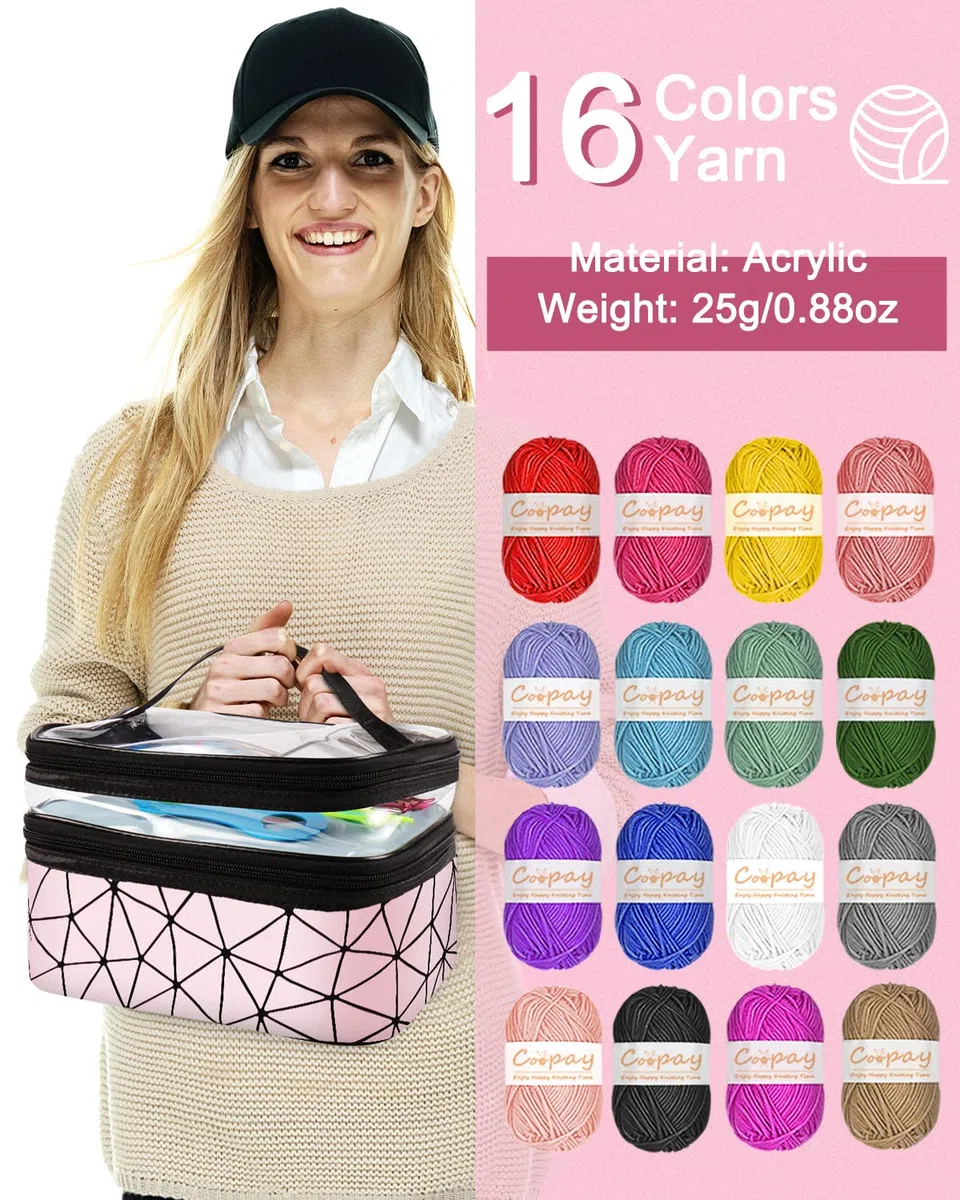 Coopay - Kit per uncinetto principiante, completo con 16 gomitoli di lana, 2 tipi di ganci 0,6-6,0 mm, borsa per riporre accessori per uncinetto a maglia, regalo per ragazza, famiglia, amici, rosa