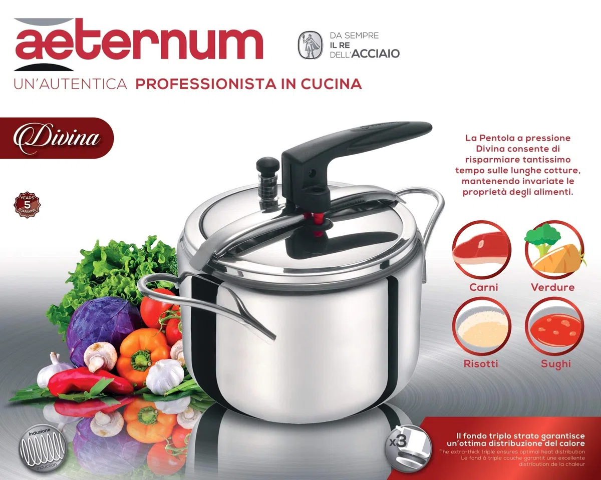 Aeternum Divina - Pentola a Pressione da 5 Litri con Valvola di Sicurezza, Acciaio Inox, Adatta all'induzione, Argento/Antracite