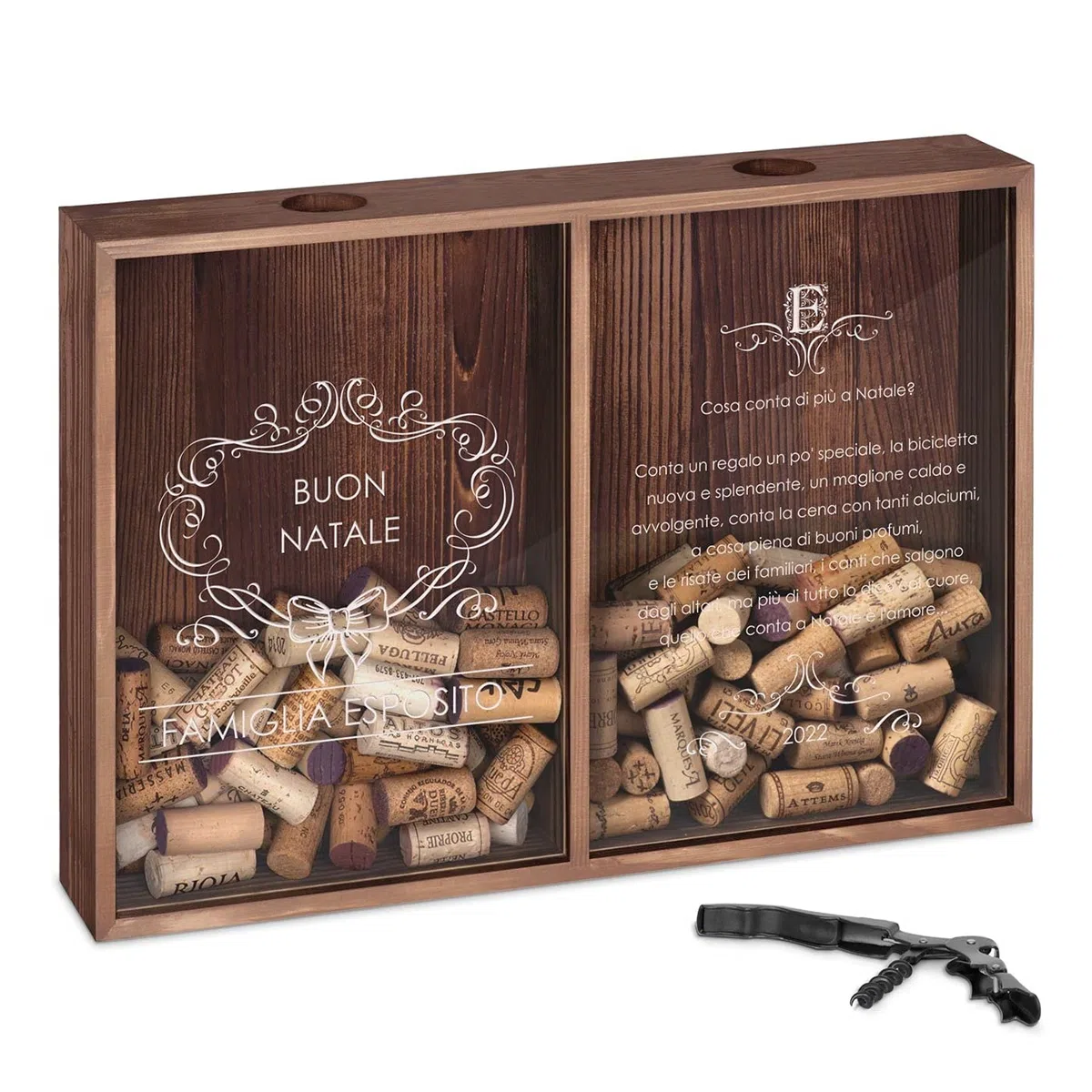 Maverton Raccogli tappi di sughero o birra - con stampa personalizzata - con due scomparti - cavatappi con un coltellino - scatola porta tappi - idee regalo per Natale - Natale