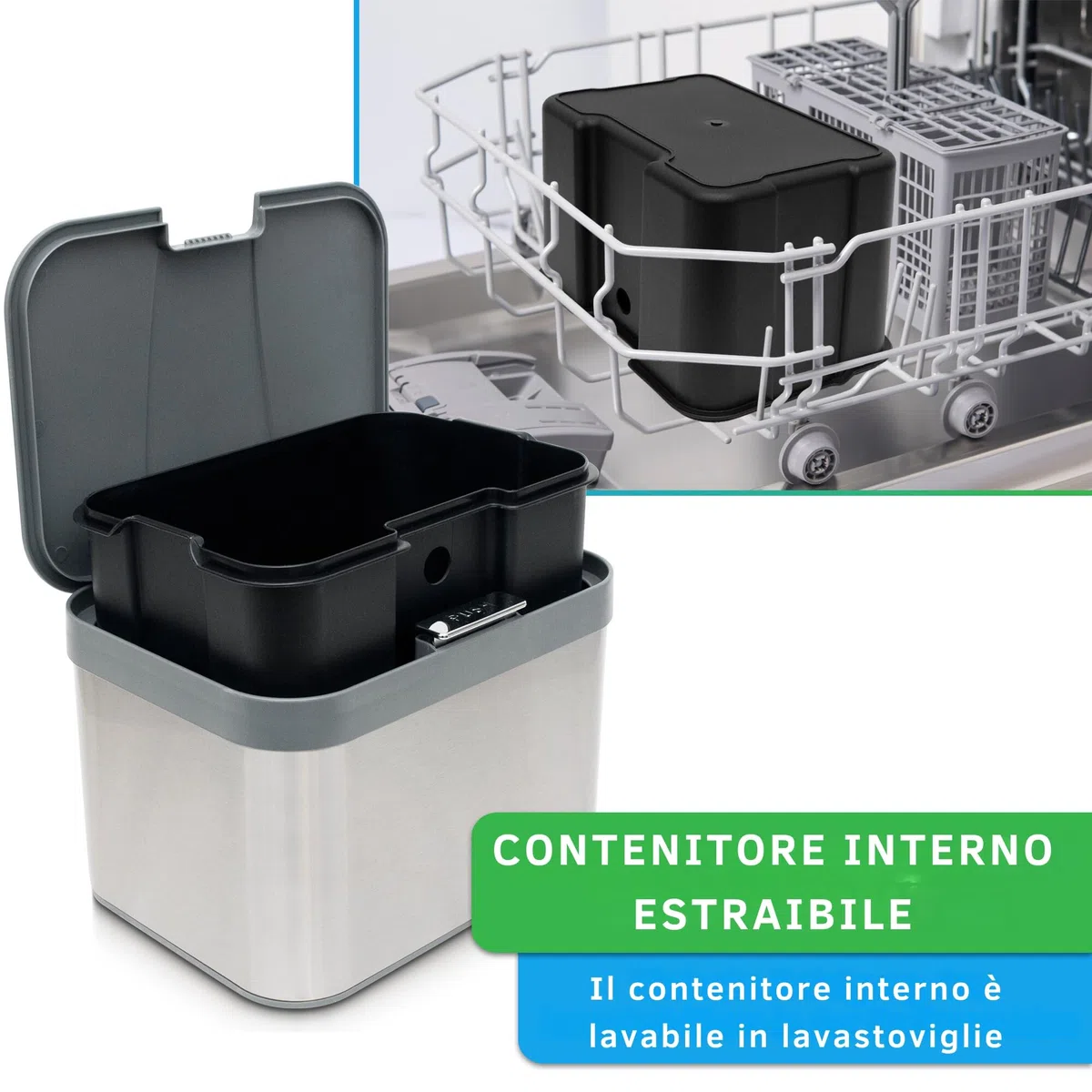 YourCasa Pattumiera per compost 4,3 l per rifiuti organici quotidiani in cucina inserto interno lavabile in lavastoviglie inodore e lavabile in acciaio inox biologico con coperchio (grigio)