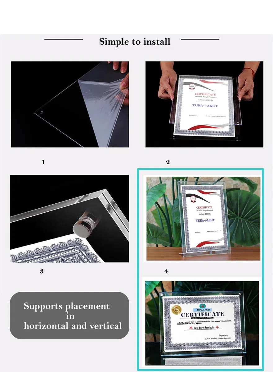 TUKA-i-AKUT 2X Acrilico Cornice Display per A4 Formato, Cristallo Trasparente a Doppio Acrilico Pannello, Cornice Portafoto da Tavolo per Documenti Certificati Volantini Poster, TKD9400-A4-2x