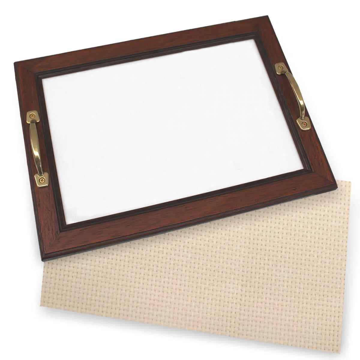 Vassoio in legno marrone con tela aida da ricamare a punto croce, finestrella 29x19