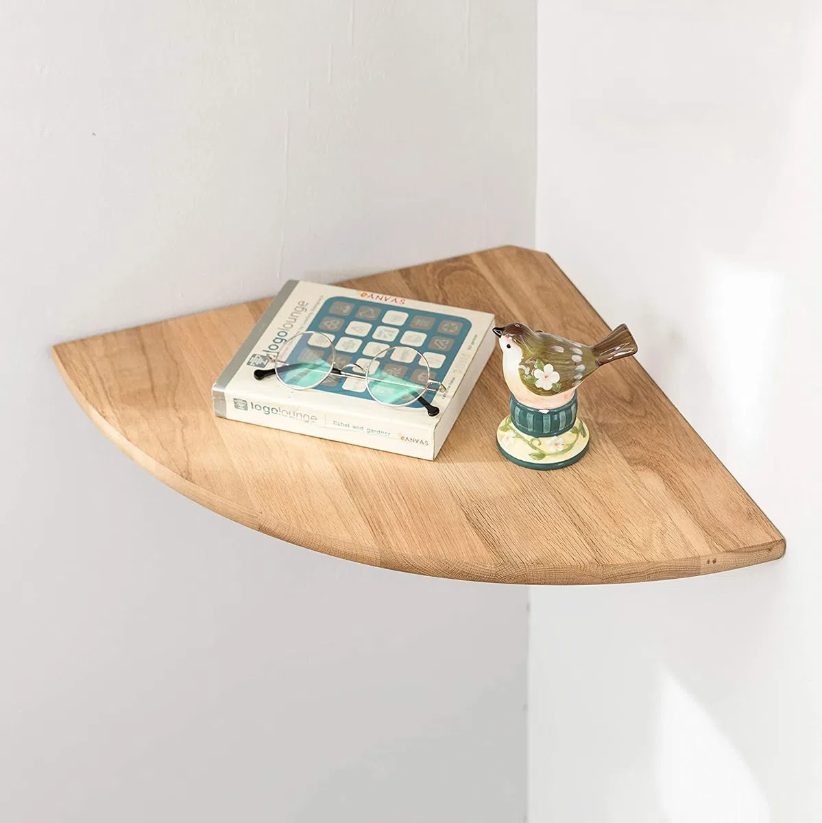 GIEANOO Mensola angolare galleggiante in rovere rustico, con estremità arrotondata, per altoparlanti, libri, decorazioni, mensola angolare in legno, rovere, 30 cm raggio