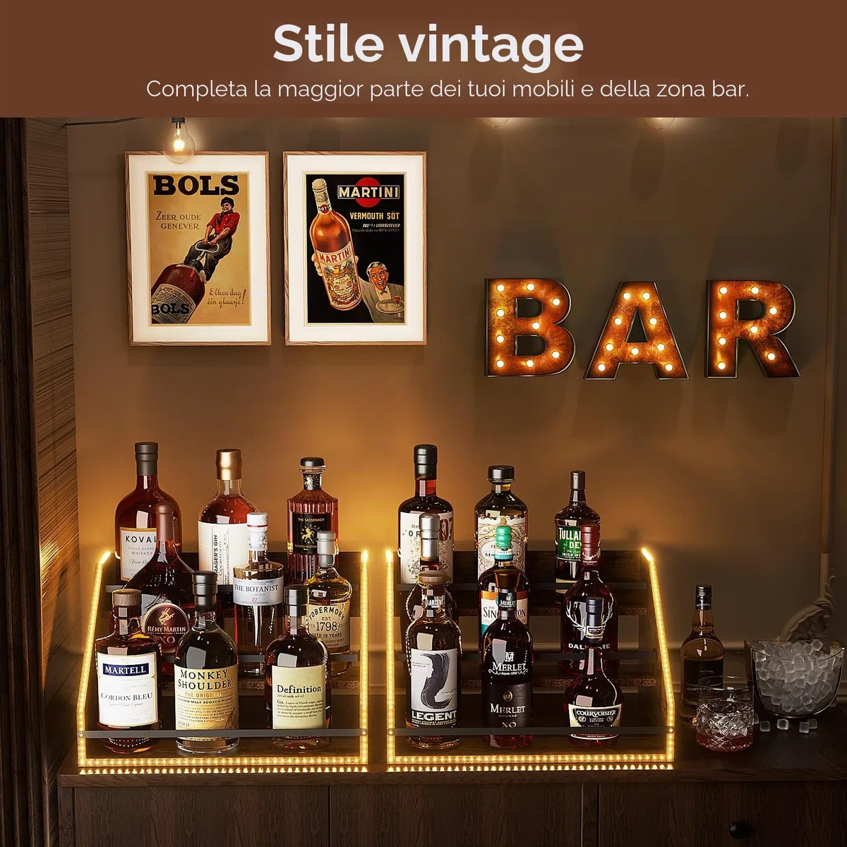 Nuovoware Scaffale Espositivo per Bottiglie Liquore Illuminato LED, Scaffale Legno 3 Gradini con Recinzioni Maniglie Portatili, 12 Bottiglie Whisky Espositore Vini Retrò Bar Domestico Feste, Marrone