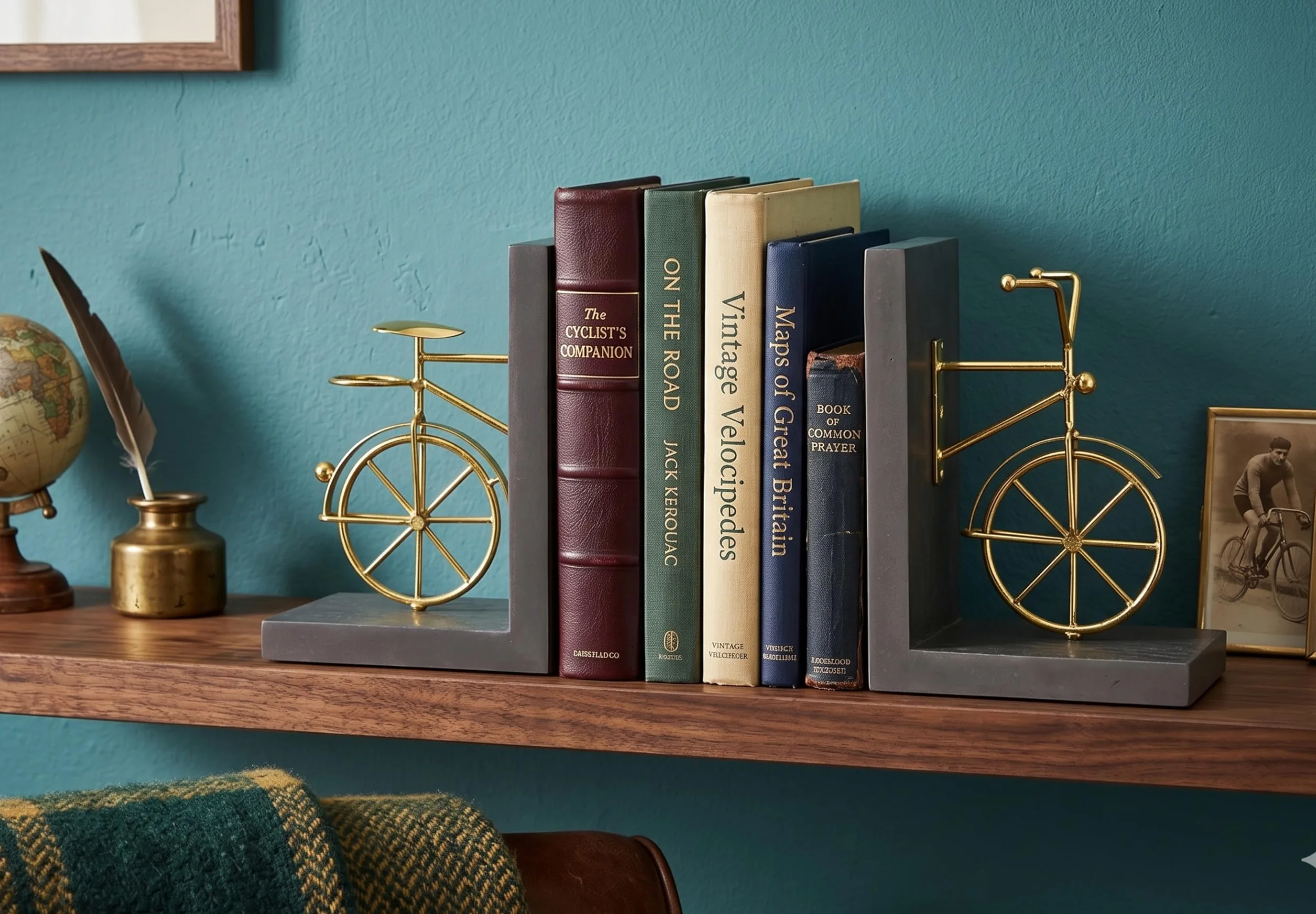 fermalibri per biciclette, fermalibri decorativi con fondo antiscivolo, supporto per libri in legno e metallo, espositore per libreria da ufficio, 1 paio, dorato e marrone
