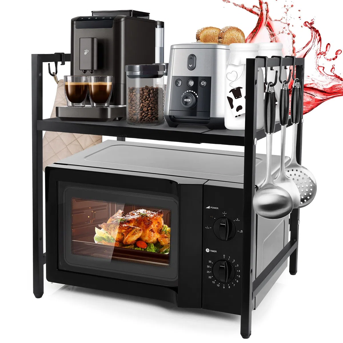 MXTIMWAN Supporto per Microonde Allungabile 2 Livelli, Cucina Counter Ripiano Microonde con 6 Ganci, Mensola Cucina per Mettere Piatti e Ciotole, 40-64cm, Nero