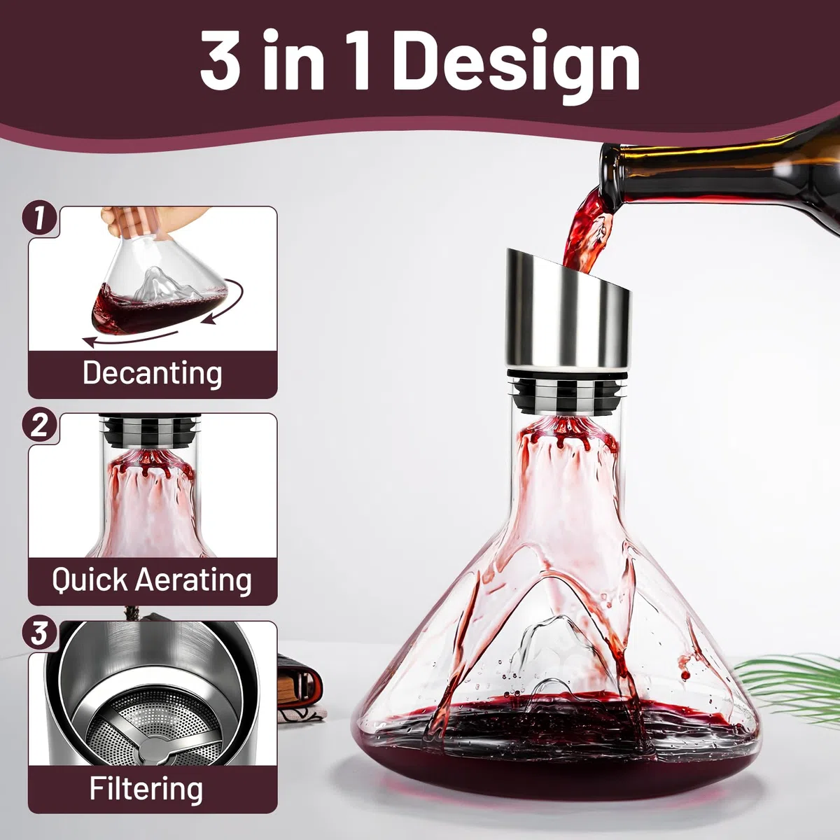 BBWELLDecanter per Vino Rosso Senza Piombo,Decantatore Con aeratore e filtro,decanter Iceberg,con sfere di pulizia in acciaio e biglietto di auguri,Accessorio per Vino,per gli amanti del vino 1500 ml
