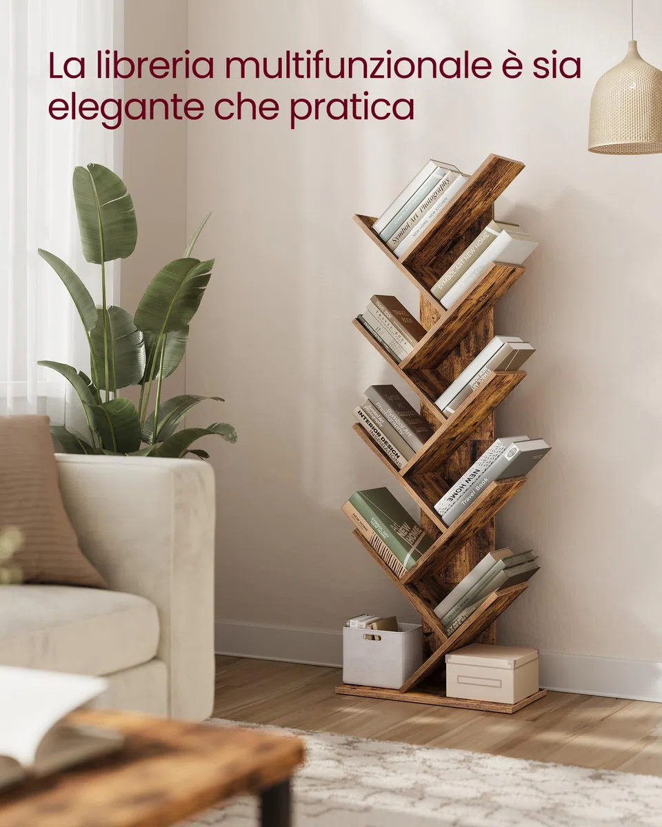 VASAGLE Libreria Scaffale ad Albero a 9 Ripiani, Salvaspazio, Libreria Verticale, per Camera da Letto Soggiorno Studio Ufficio, Marrone Vintage LBC11BX