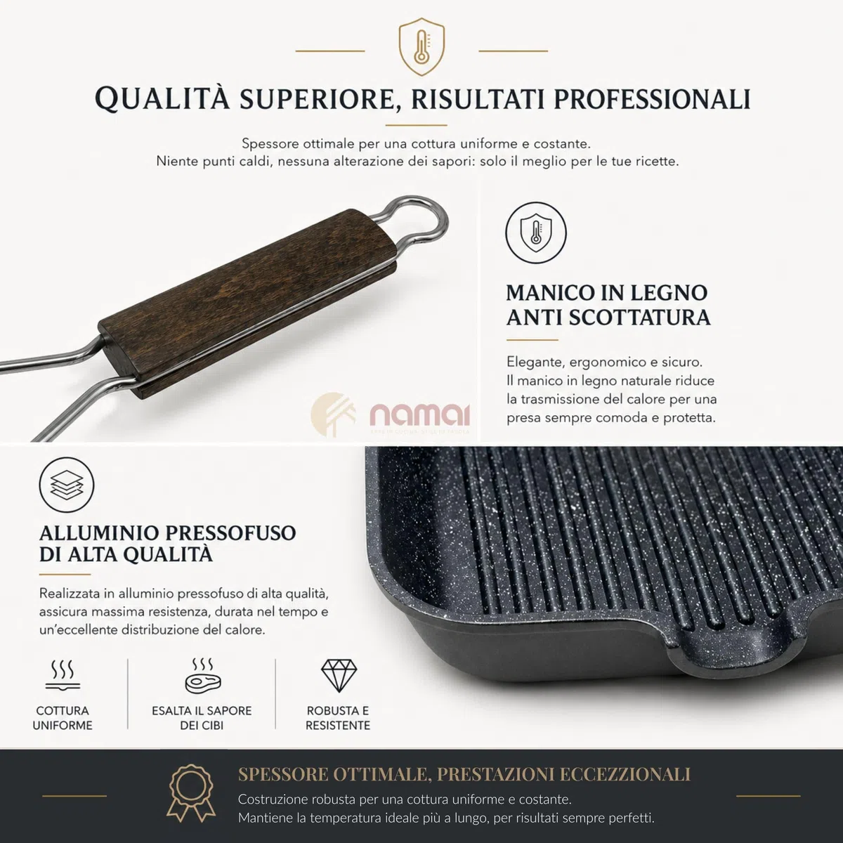 NAMAI - Bistecchiera Antiaderente Pietra, 35CM x 25CM, Alluminio Pressofuso, Adatta In Lavastoviglie, Manico Pieghevole Salvaspazio, Made In Italy