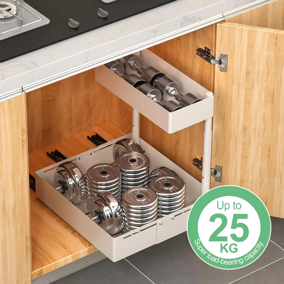 Organizer Sottolavello Cucina Regolabile in Metallo – Sistema Estraibile e Altezza Regolabile, Organizzatore Universale per Lavello in Cucina e Bagno con Porta Detersivi Salvaspazio (1, Bianco)