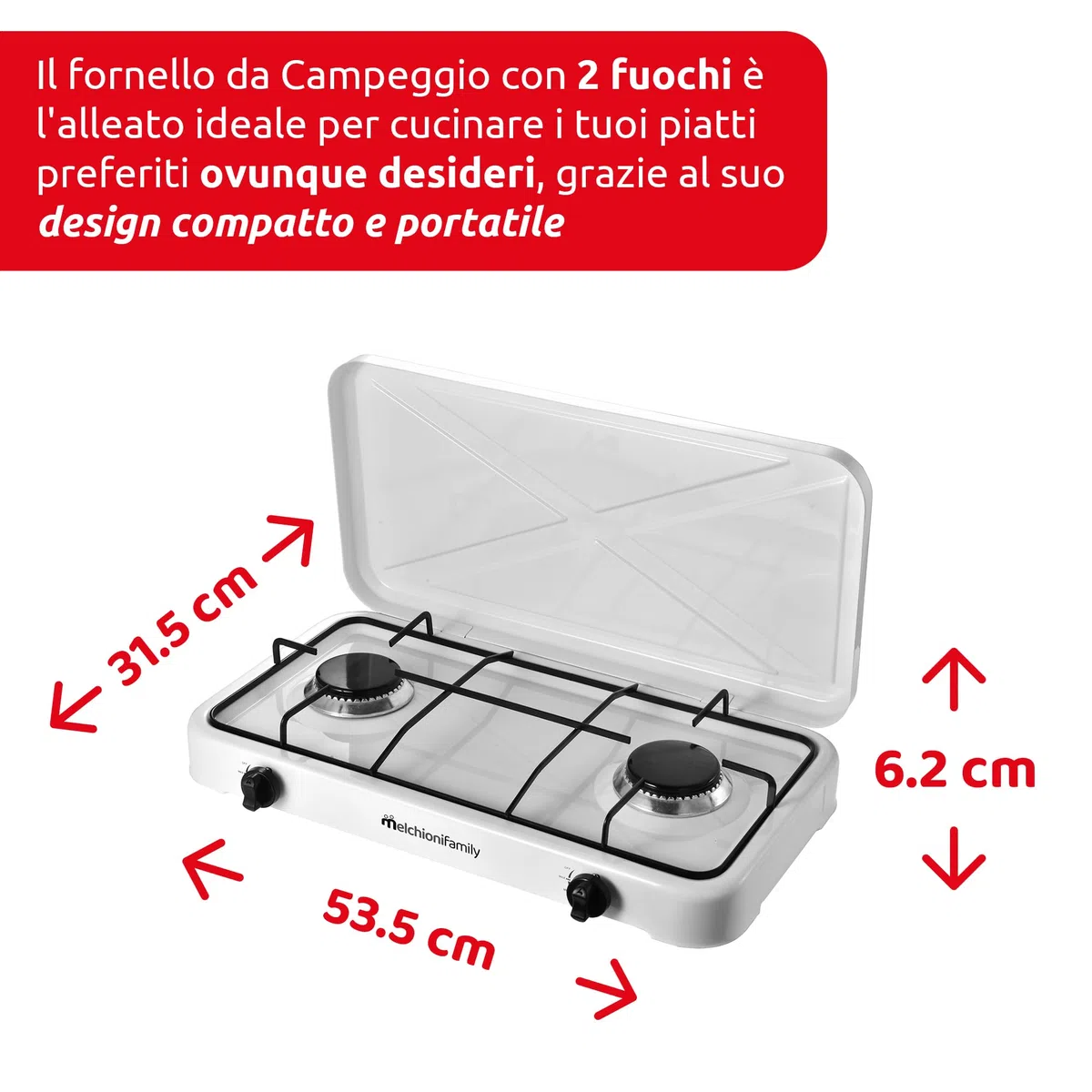Melchioni Family | Fornello a Gas da Campeggio MINERVA 2 con 2 Fuochi, Fornelletto GPL Portatile con Coperchio, Griglia e Fuochi Removibili, Bianco