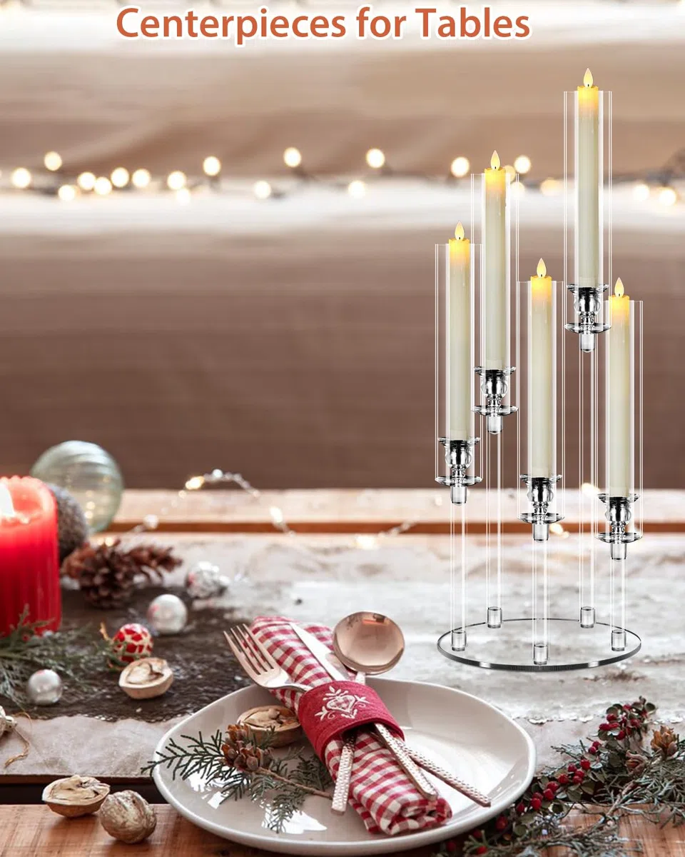 Candelabro Singolo in Acrilico 5 Bracci, Portacandele Alto 58 cm, Centrotavola per Matrimonio e Natale, Decorazione per Tavolo Camino o Festa, per Candele LED 2 cm