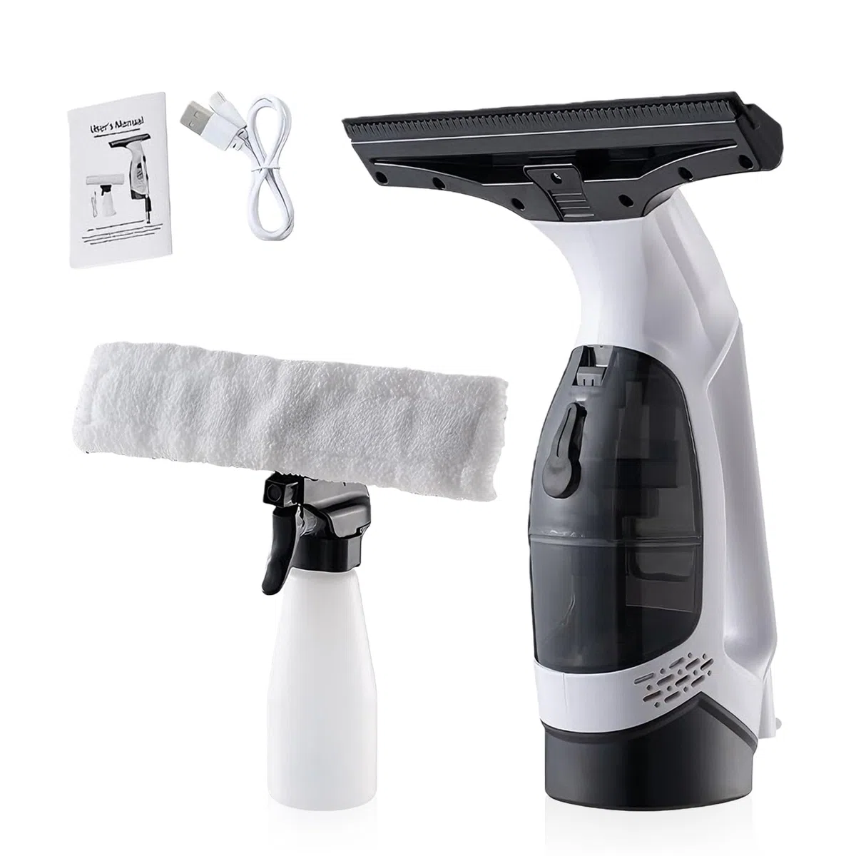 Pulitore per finestre elettrico da 150 ml: aspirapolvere per finestre a batteria con flacone spray da 300 ml e panno in microfibra, materiale plastico, per finestre, piastrelle, specchio, pareti