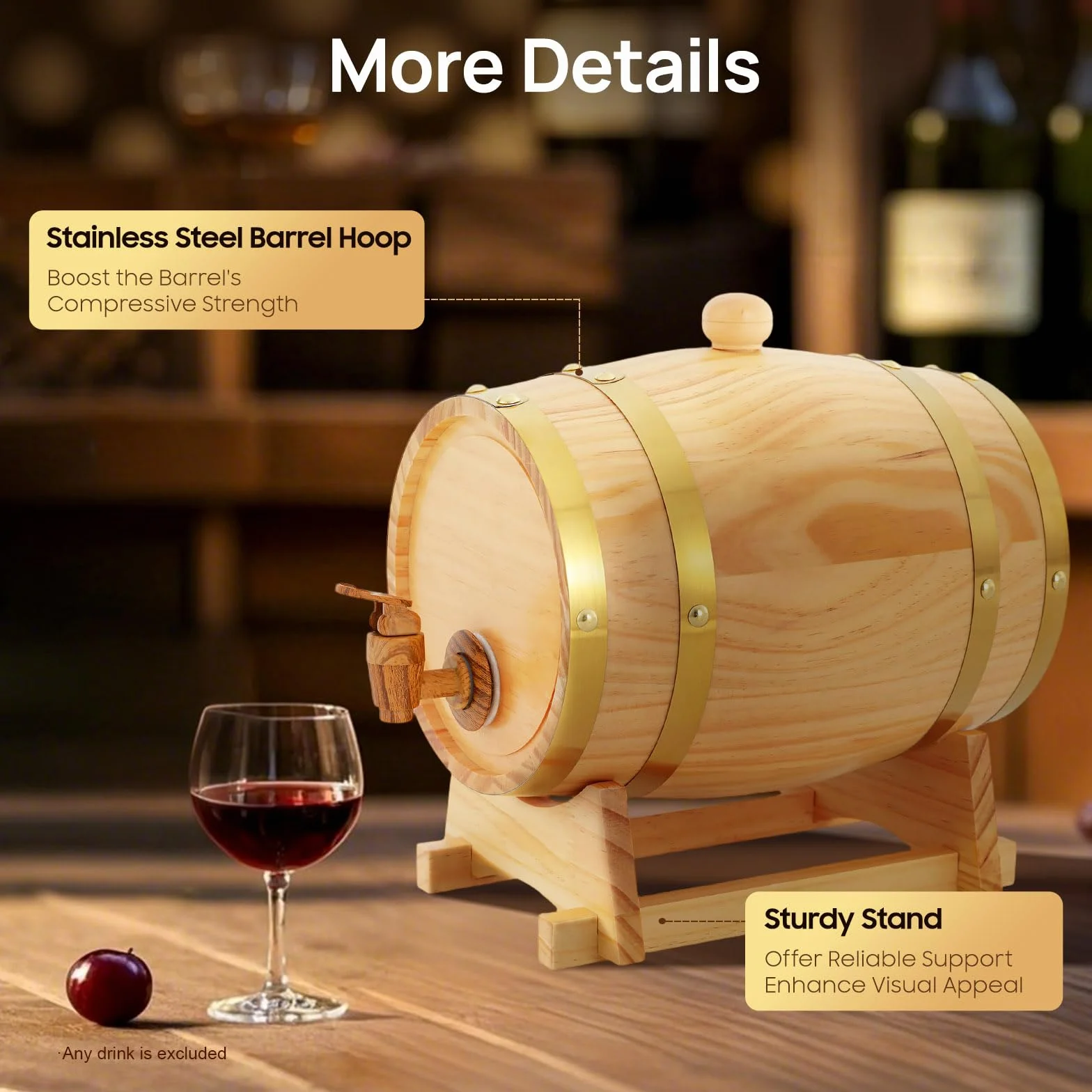Botte di vino da 3 l con supporto e rubinetto Log Color Barile di legno per whisky adatto per la conservazione di whisky rum brandy tequila vino birra, ecc