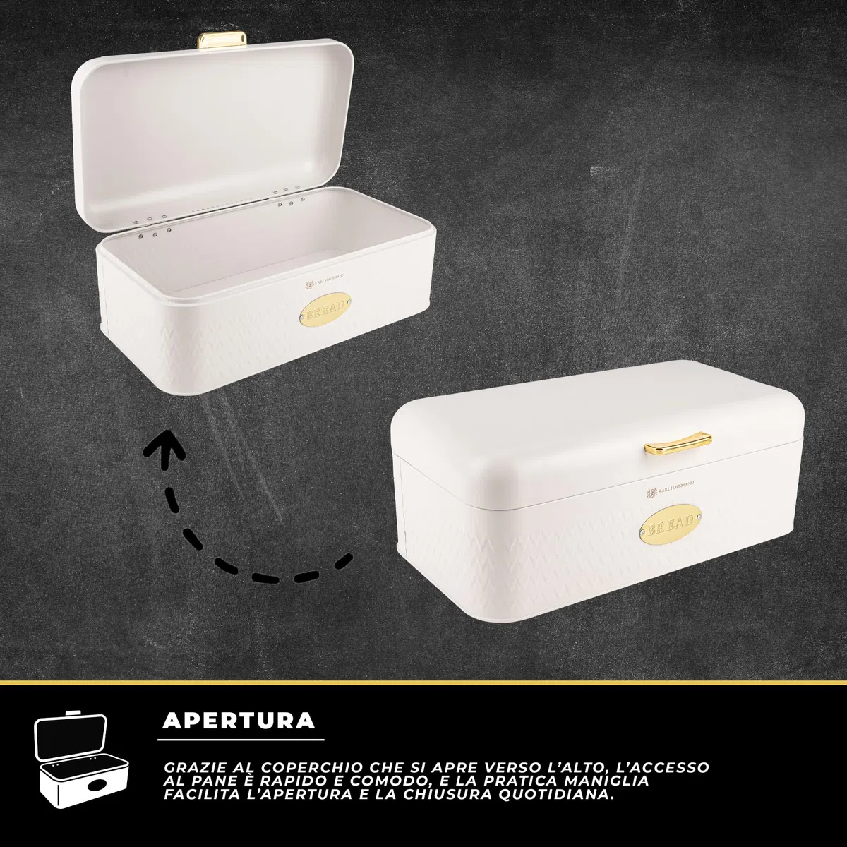 KARL HAUSMANN Portapane Bianco In Acciaio Inox - 42,5 x 23 x 16,5 cm - Grande Contenitore Per Pane, Panini E Prodotti Da Forno, Porta pane Moderno Con Fori Di Ventilazione Per Cucina