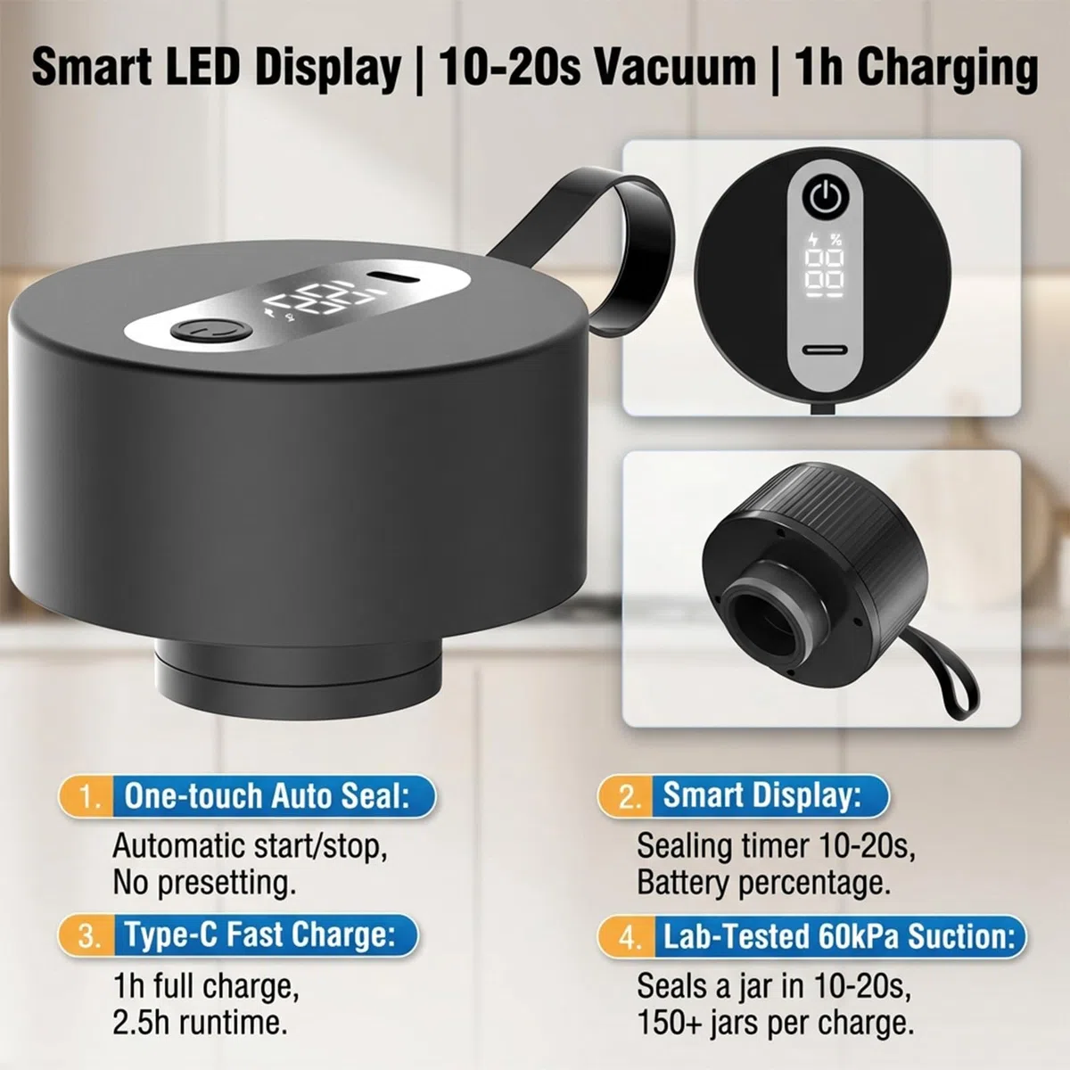 Macchina Sottovoto per Barattoli Mason – Portatile Elettrica Wireless, Chiusura Automatica, Compatibile Standard & Largo, Inclusi 20 Coperchi + Sacchetti Sottovoto