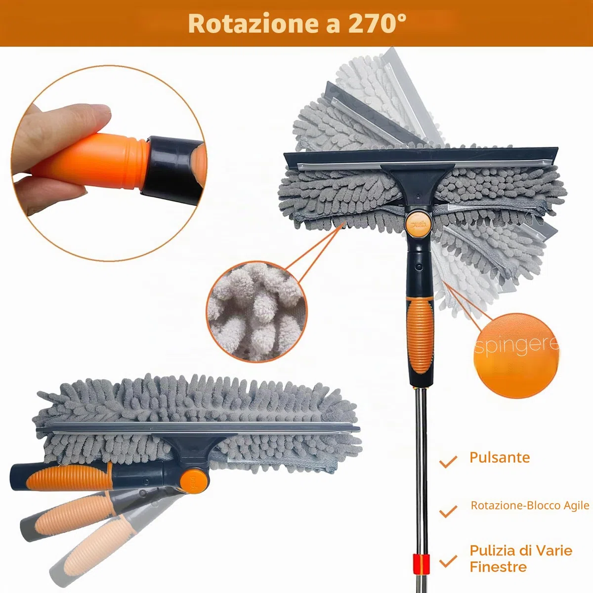 6,1 m + Reach lavavetri Duster 2 in 1, kit di strumenti per la pulizia dei vetri ruotabile con asta di estensione da 0,9 a 4,3 m, attrezzatura per il lavaggio dei vetri per interni ed esterni, 3