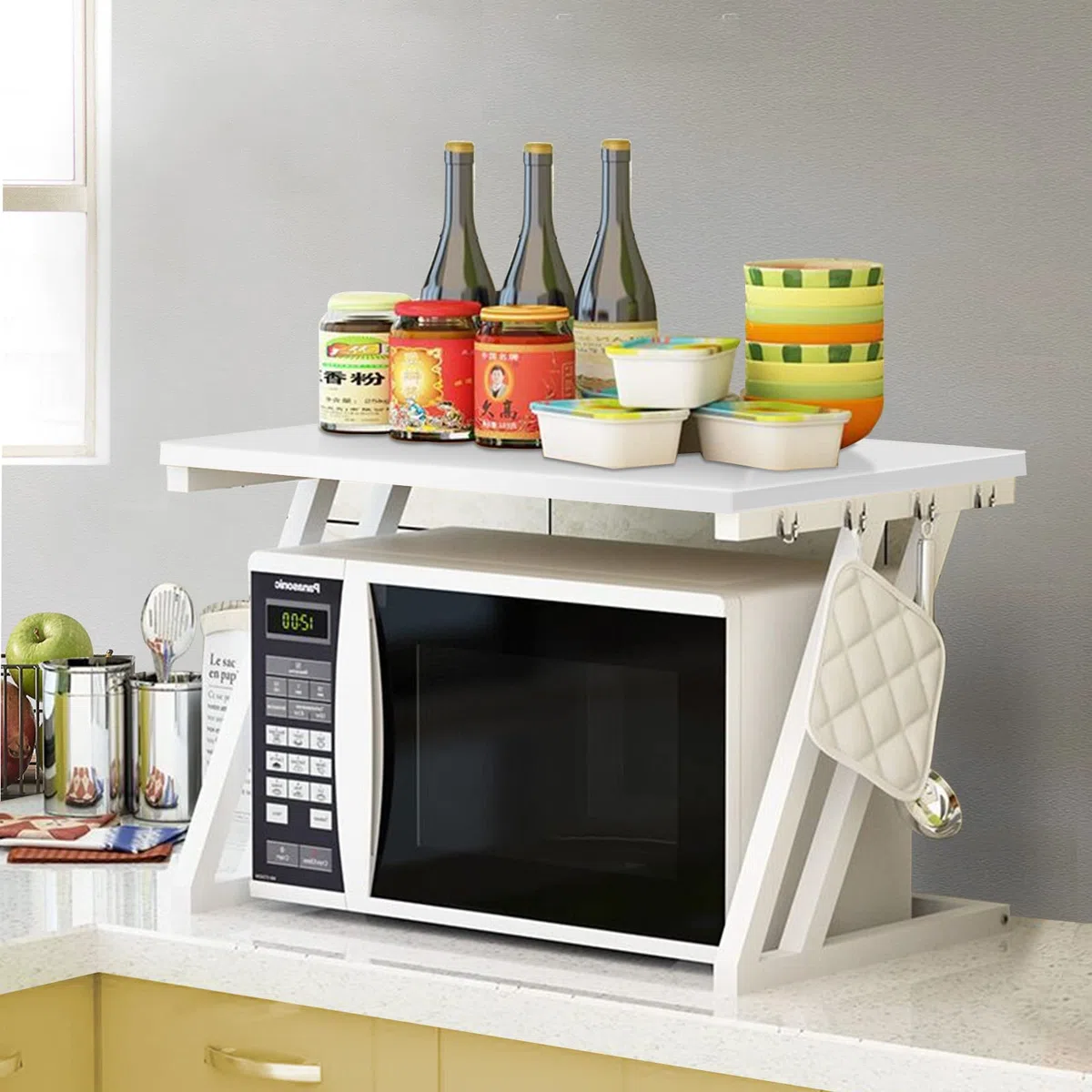 LANTUS Scaffale mobile per microonde con struttura in metallo con ripiano in legno MDF organizer per utensili da cucina, design moderno, dimensioni: 54 x 35 x 34,5 cm, bianco