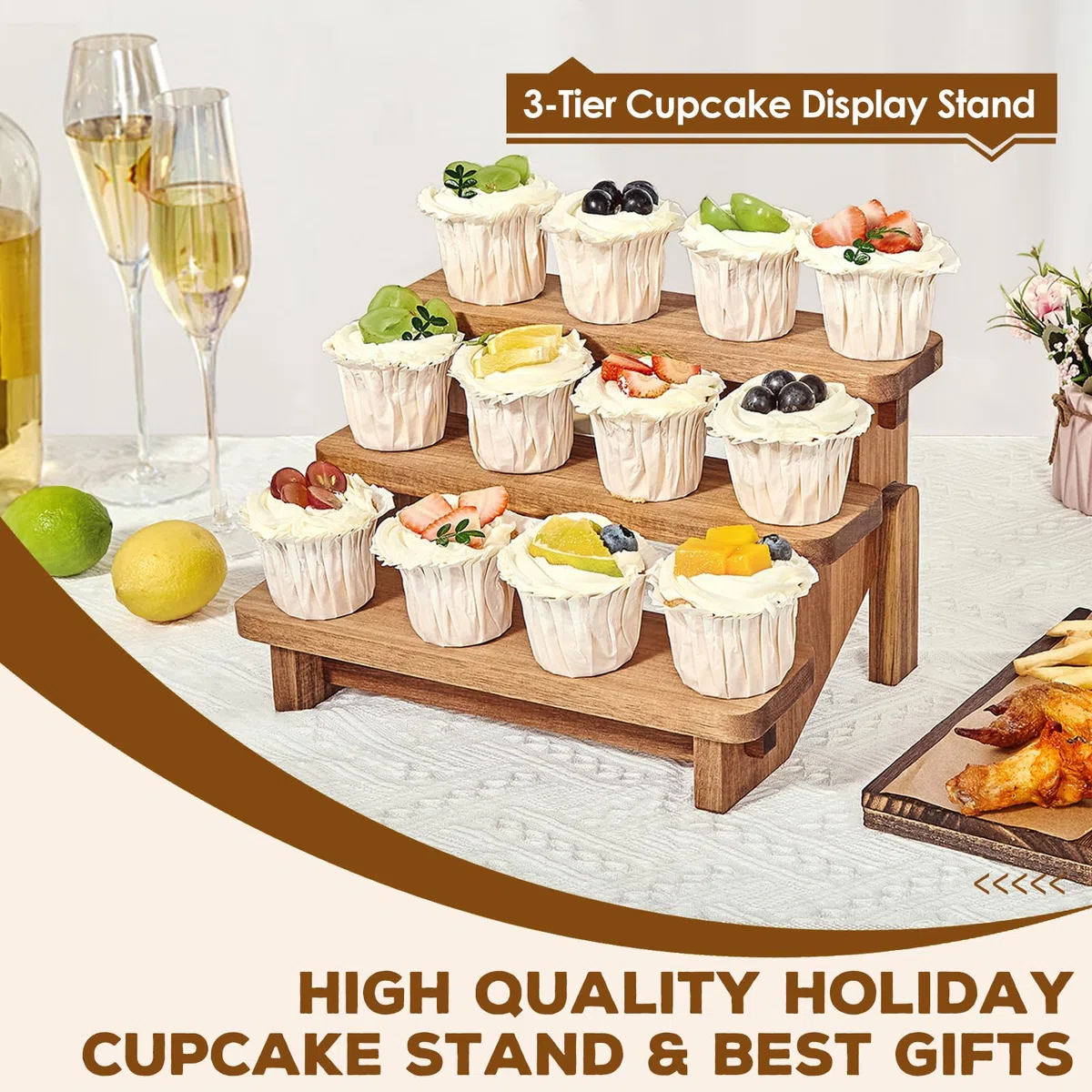 DUJUST alzatina per dolci per 12 Cupcake, porta torta a 3 livelli con superficie per alimenti, alzata per torta in legno di acacia per alimenti e giocattoli, facile da installare e trasportabile
