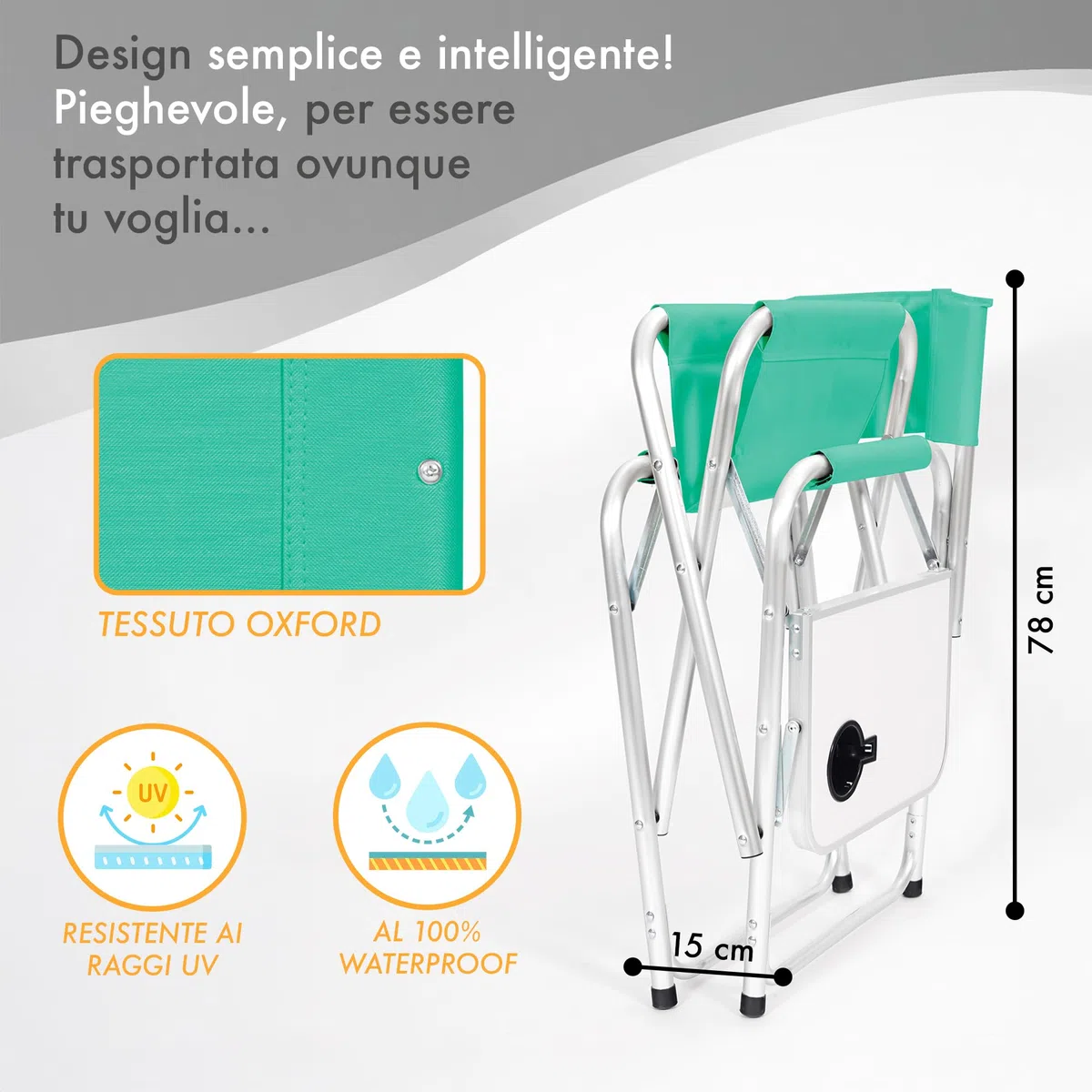 IlGruppone Sedia Sgabello Regista Poltrona Pieghevole in Alluminio Lavabile Leggera Lavabile con Tavolino Porta Bibite Incluso Campeggio Mare Spiaggia - Petrolio
