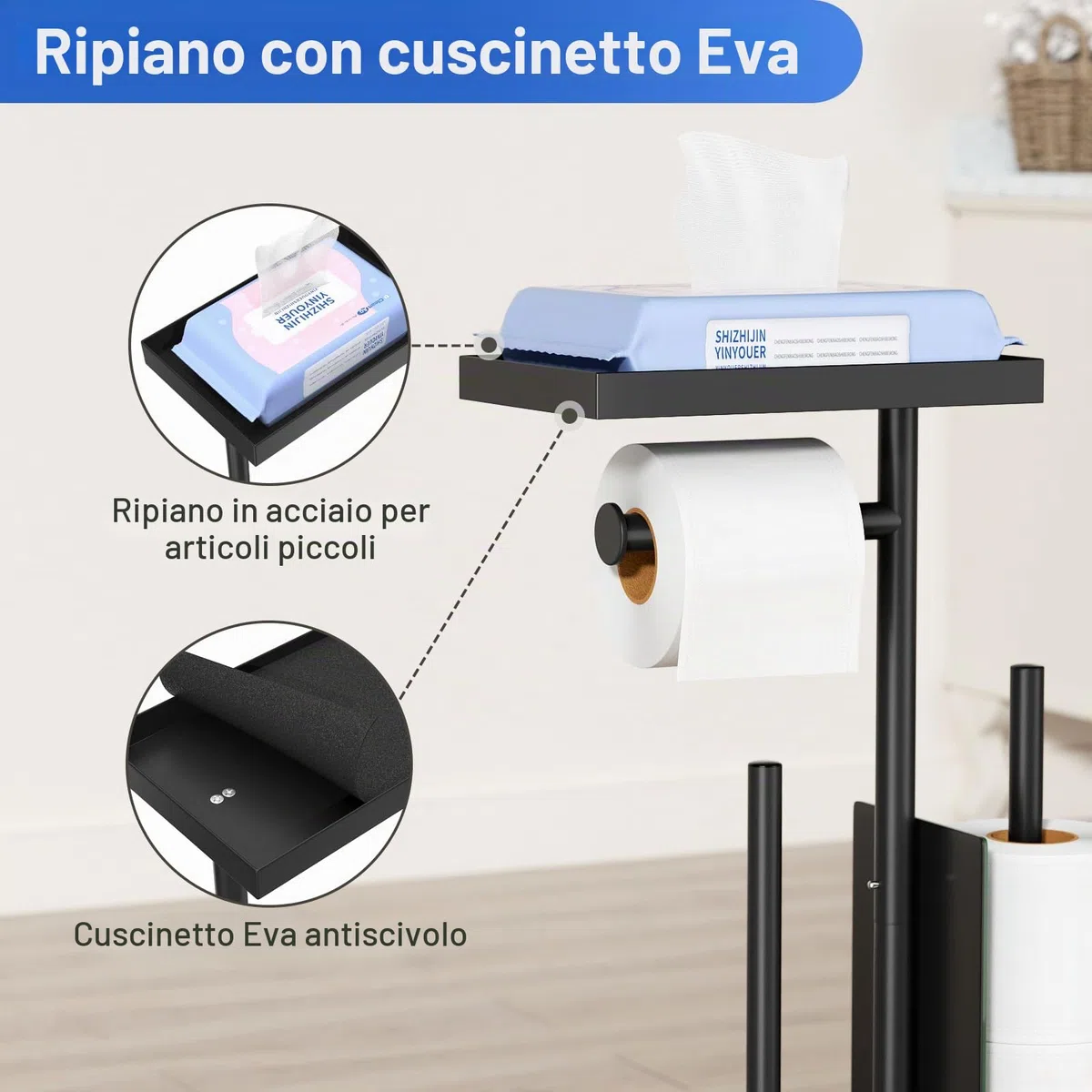Porta carta igienica in acciaio inox con spazzola per WC – Porta carta igienica con scopino per WC con scatola per salviette umidificate e spazzola per WC, porta rotolo in piedi con ripiano in vetro