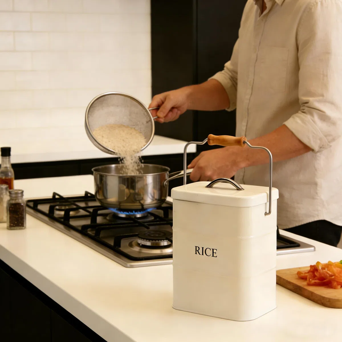 Contenitore per riso in metallo bianco, 4.5KG, con coperchio e manico, ermetico per riso, cereali, farina, contenitore per cibo secco, contenitore per animali domestici e alimenti