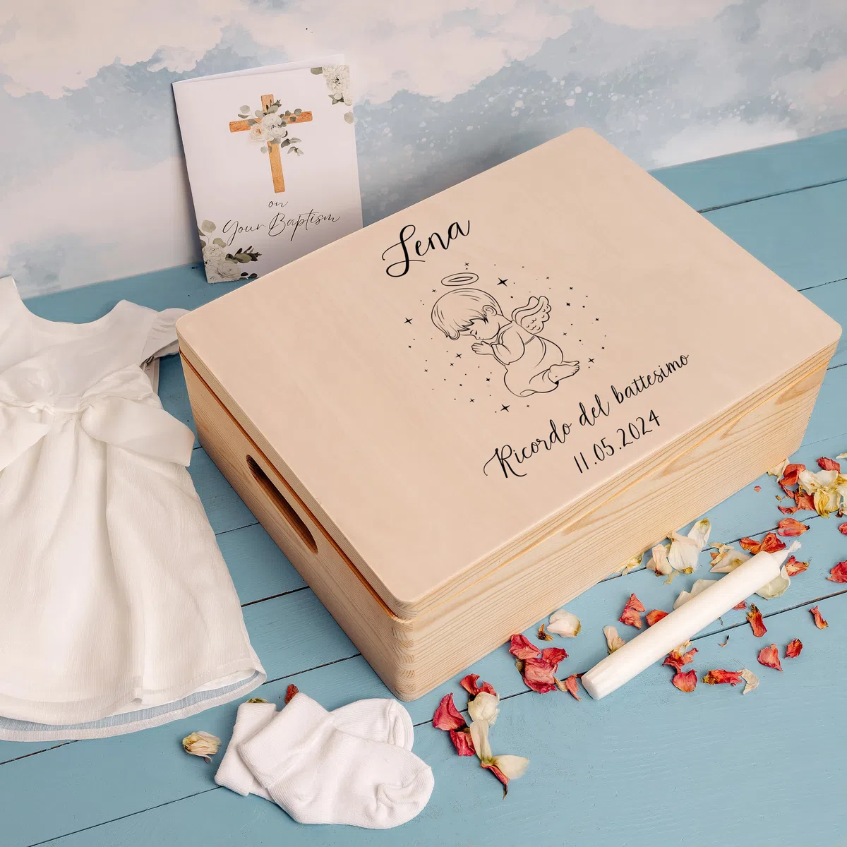 Creative Deco Battesimo Scatola di Regalo Personalizzato | Scatola della Memoria in Legno per Bambino/Bambina | Personalizzata | Incisione | per Ragazzo e Ragazza | Addobbi