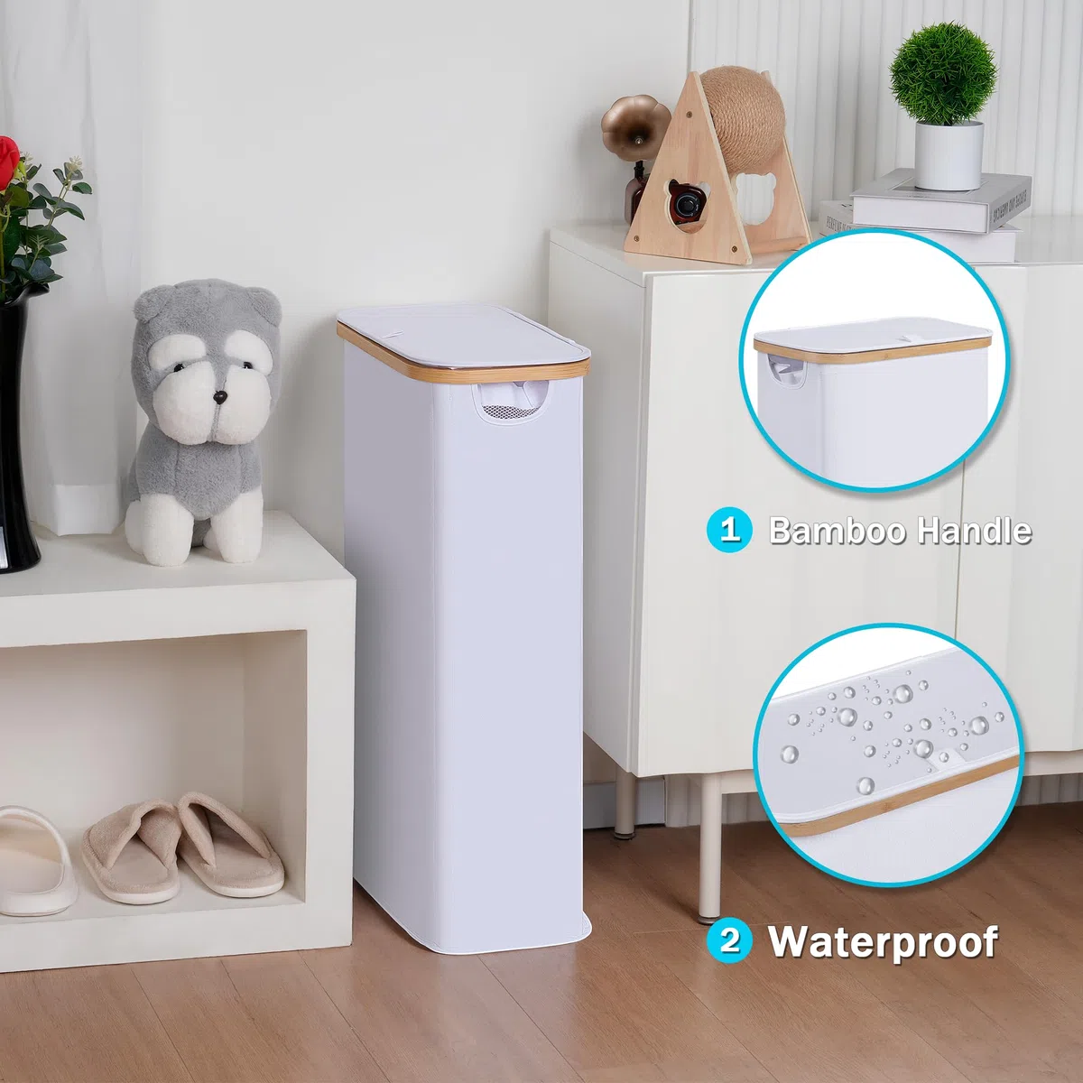 efluky Cesto per la Biancheria 63L, Cesto per la Biancheria Sottile con Coperchio, Cestos per la Biancheria Pieghevole Bianco con Manici in Bambù e Borsa Rimovibile per Camera da Letto, Lavanderia