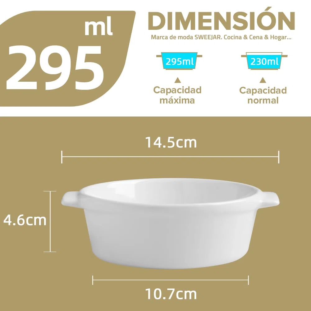 Sweejar Home Piatti da soufflé in ceramica, con manico rotondo, 300 ml, per budino, crème brûlée, soufflé, set da 6 (bianco)