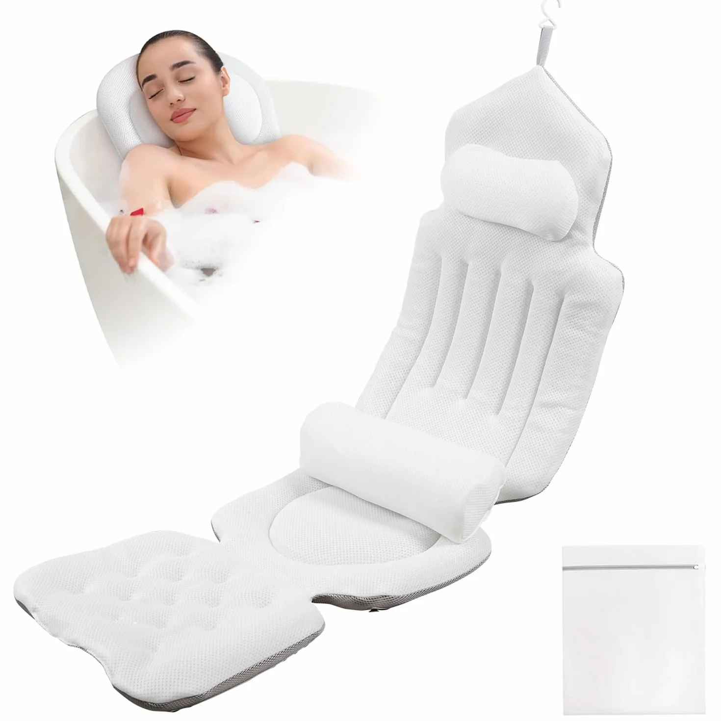 Cuscino per Vvasca da Bagno,con Supporto lombare Staccabile e Sacco per la Biancheria,Accessori Spa per un Relax Confortevole,per Immergersi Nella Vasca da Bagno (Bianco)