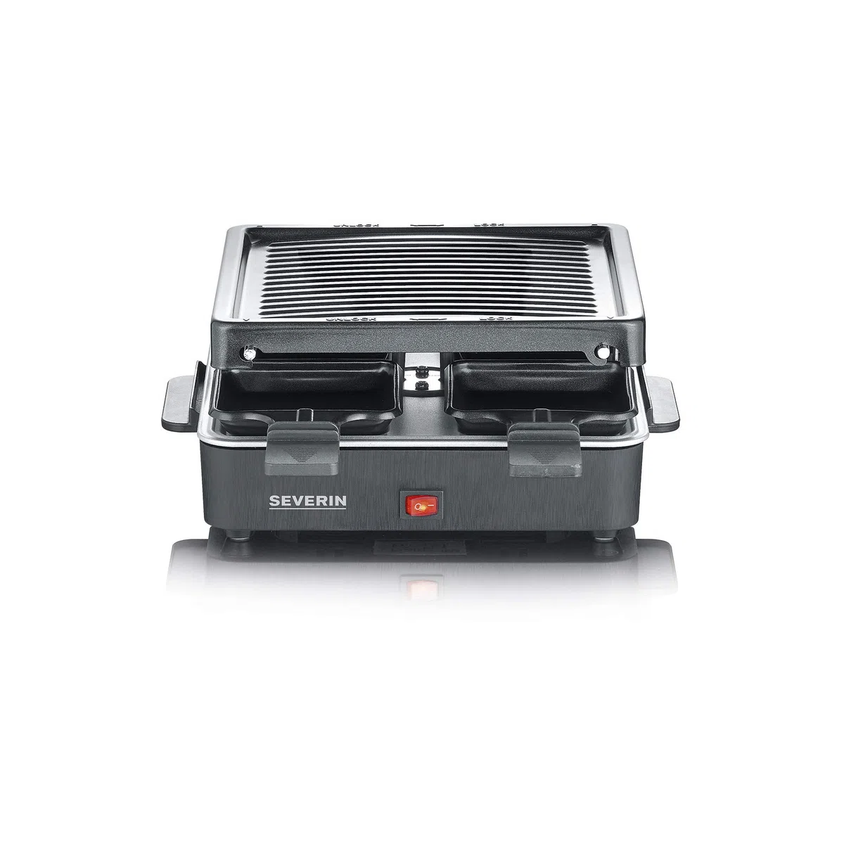 SEVERIN Mini Raclette Grill, 600W, 4 Padelline Antiaderenti, Piastra Antiaderente Scanalata (21x21 cm), Interruttore On/Off, 26,0 x 40,0 x 12,2 cm, Nero - RG 2370